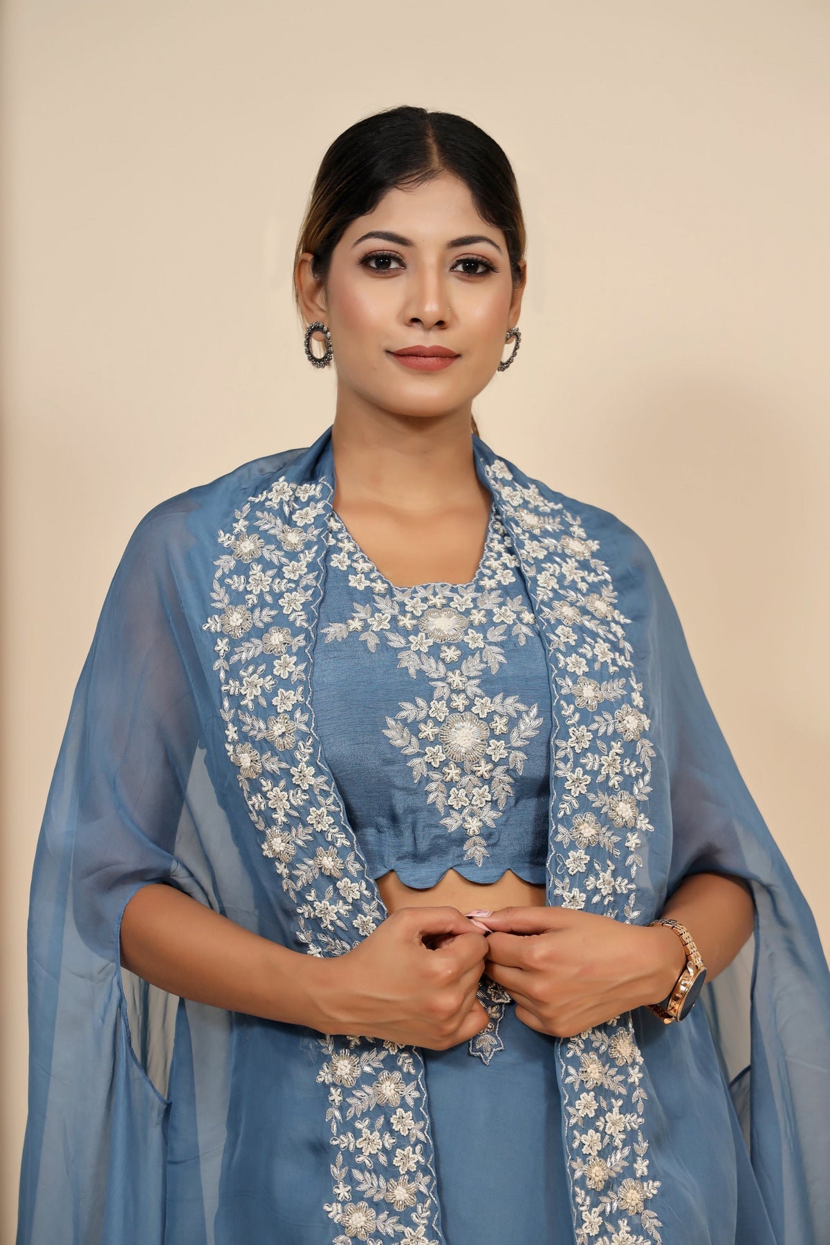 Elegant & Stylish Blue Embroidered Long Dress With Net Shrug