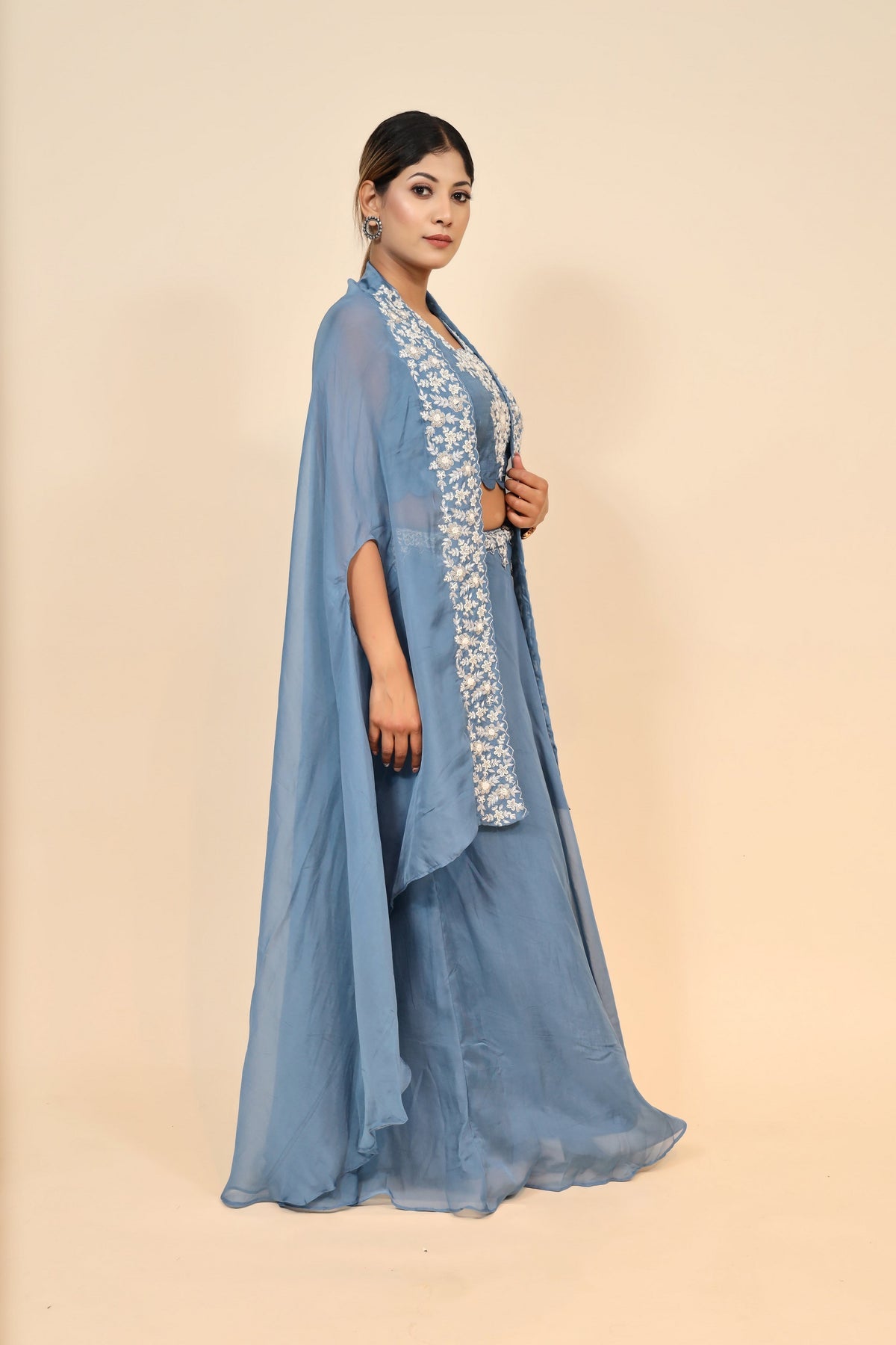Elegant & Stylish Blue Embroidered Long Dress With Net Shrug