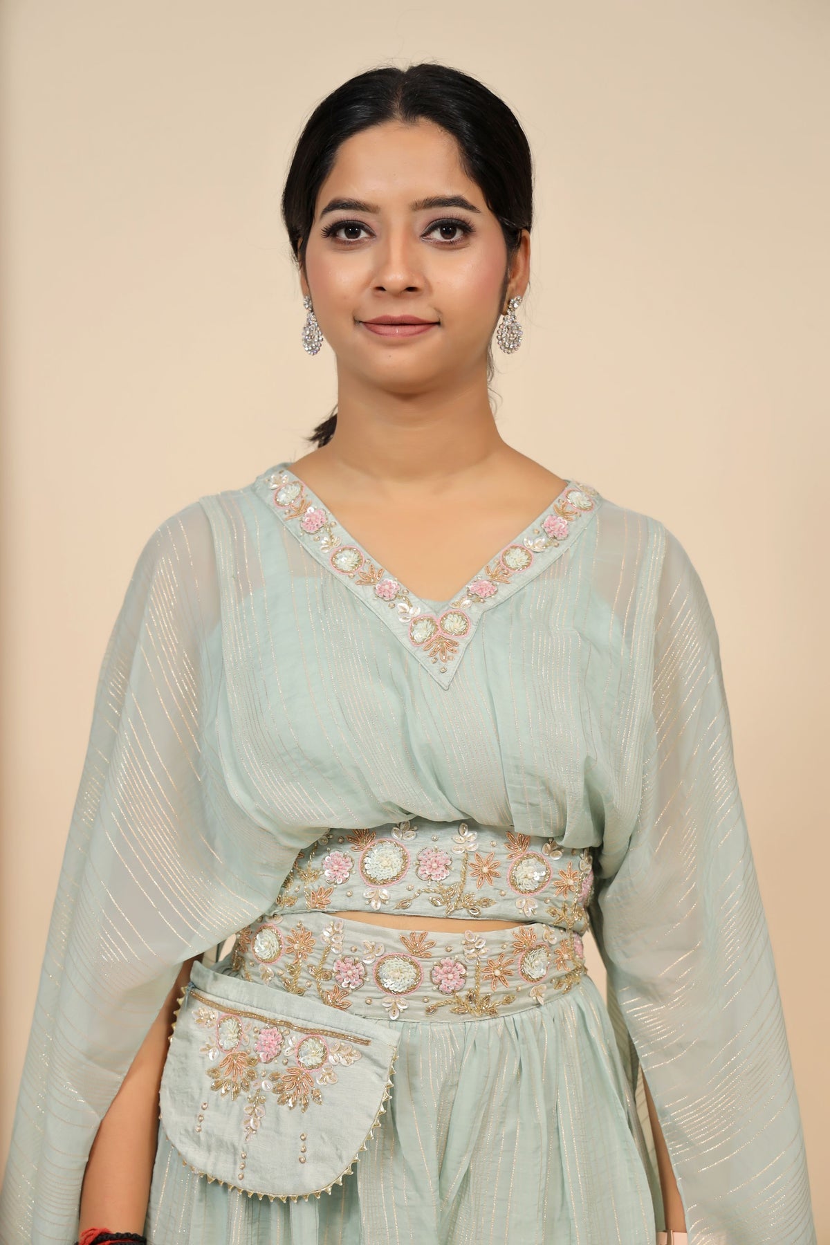 elegant aqua color floral motif dress