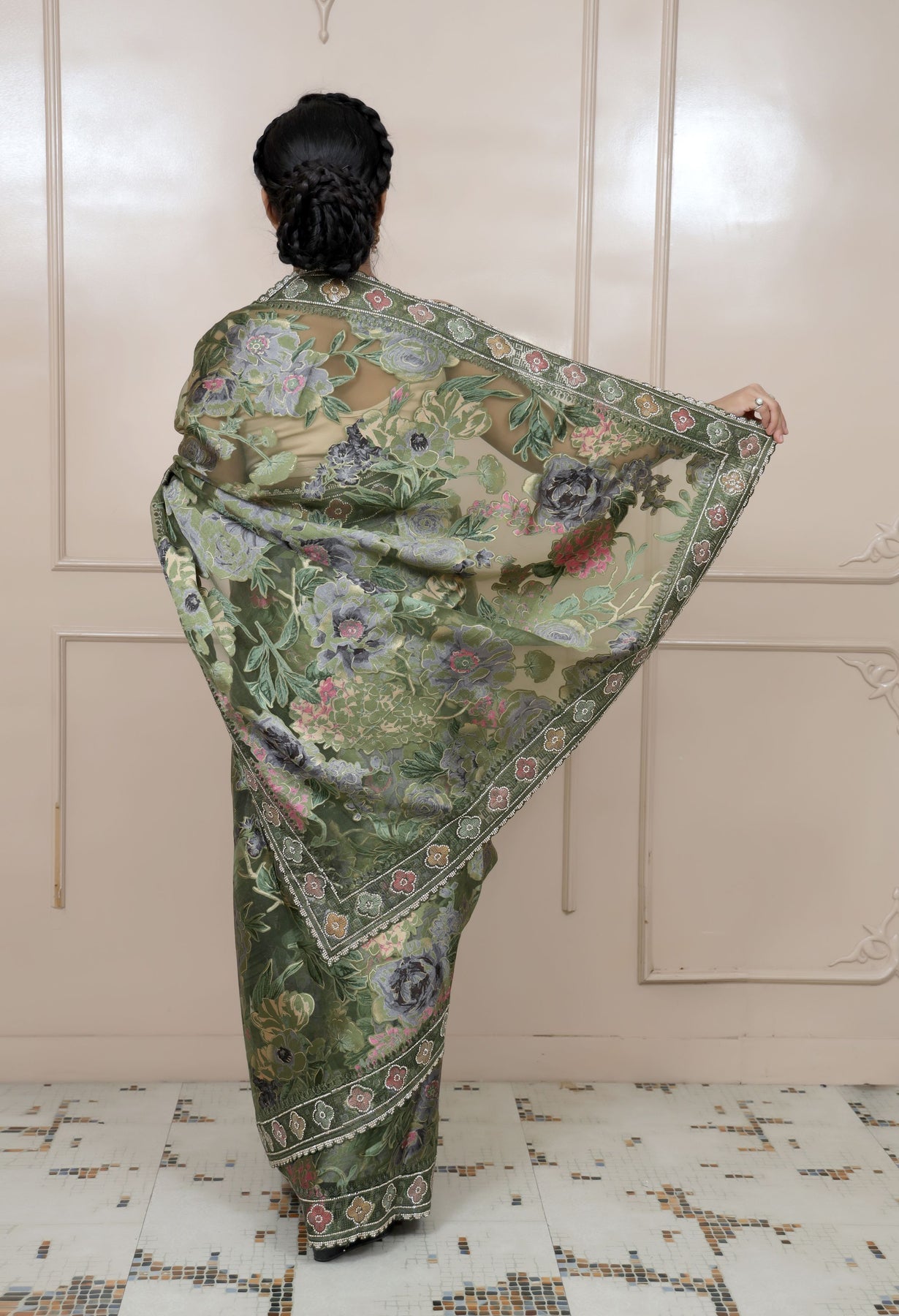 beautiful dark green color floral motif saree