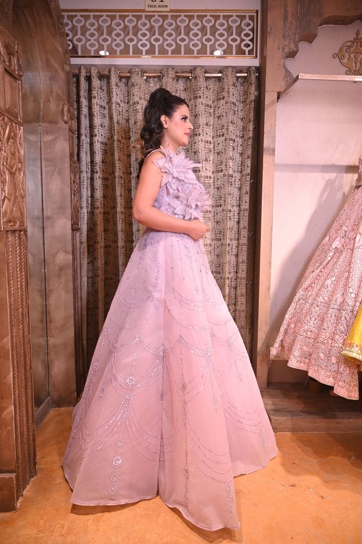 trendy pink color floral motif dress