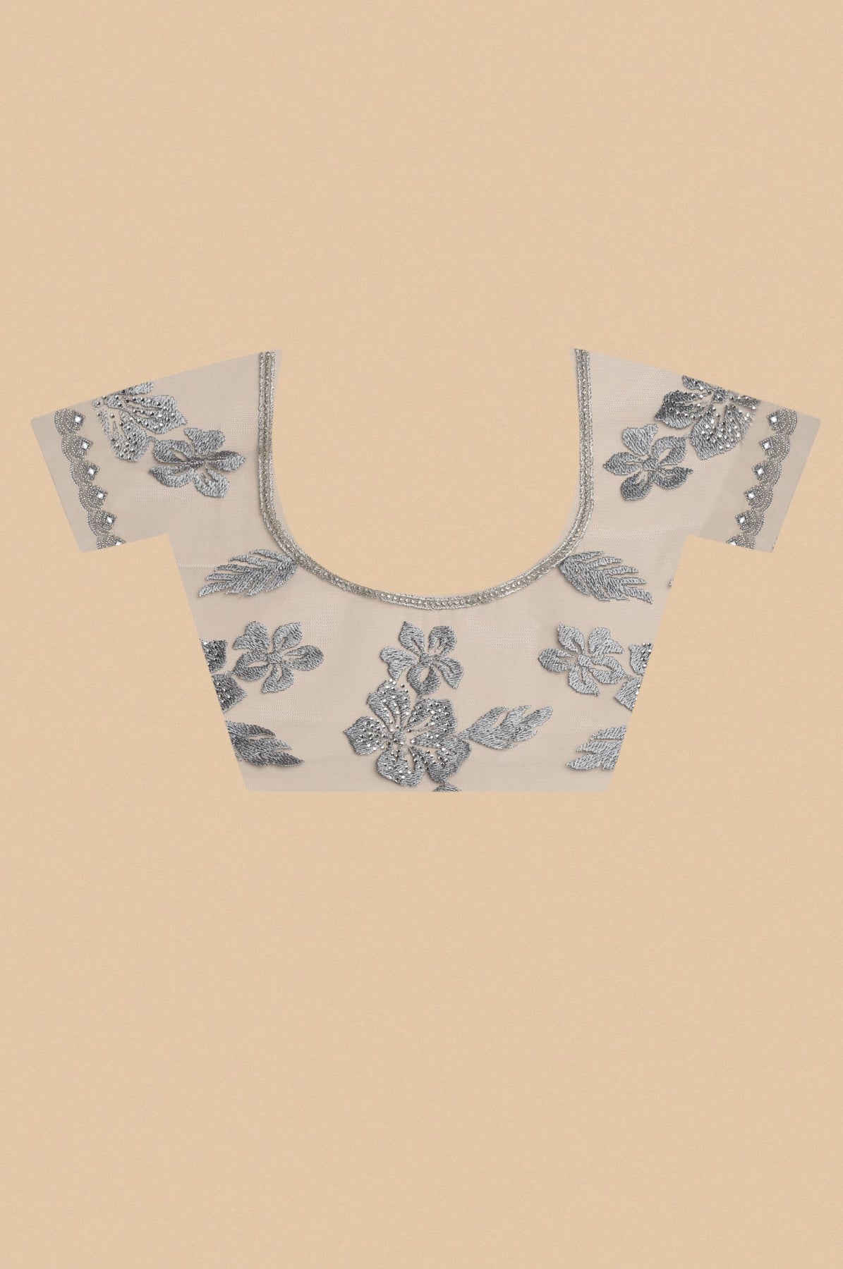 Graceful Grey Net Saree with Intricate Thread Work and Sparkling Sequins