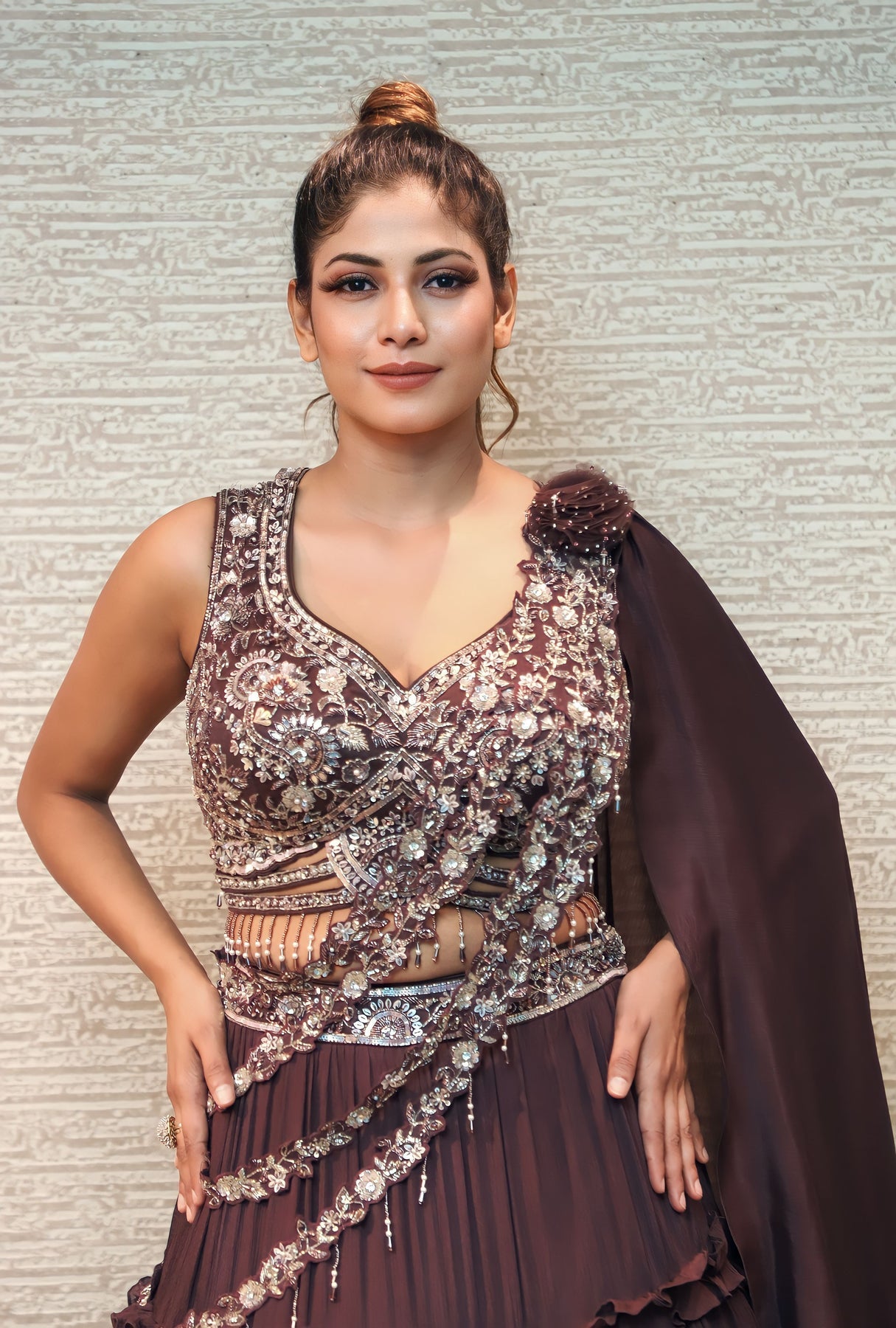 trendy wine color floral motif embroidered lehenga