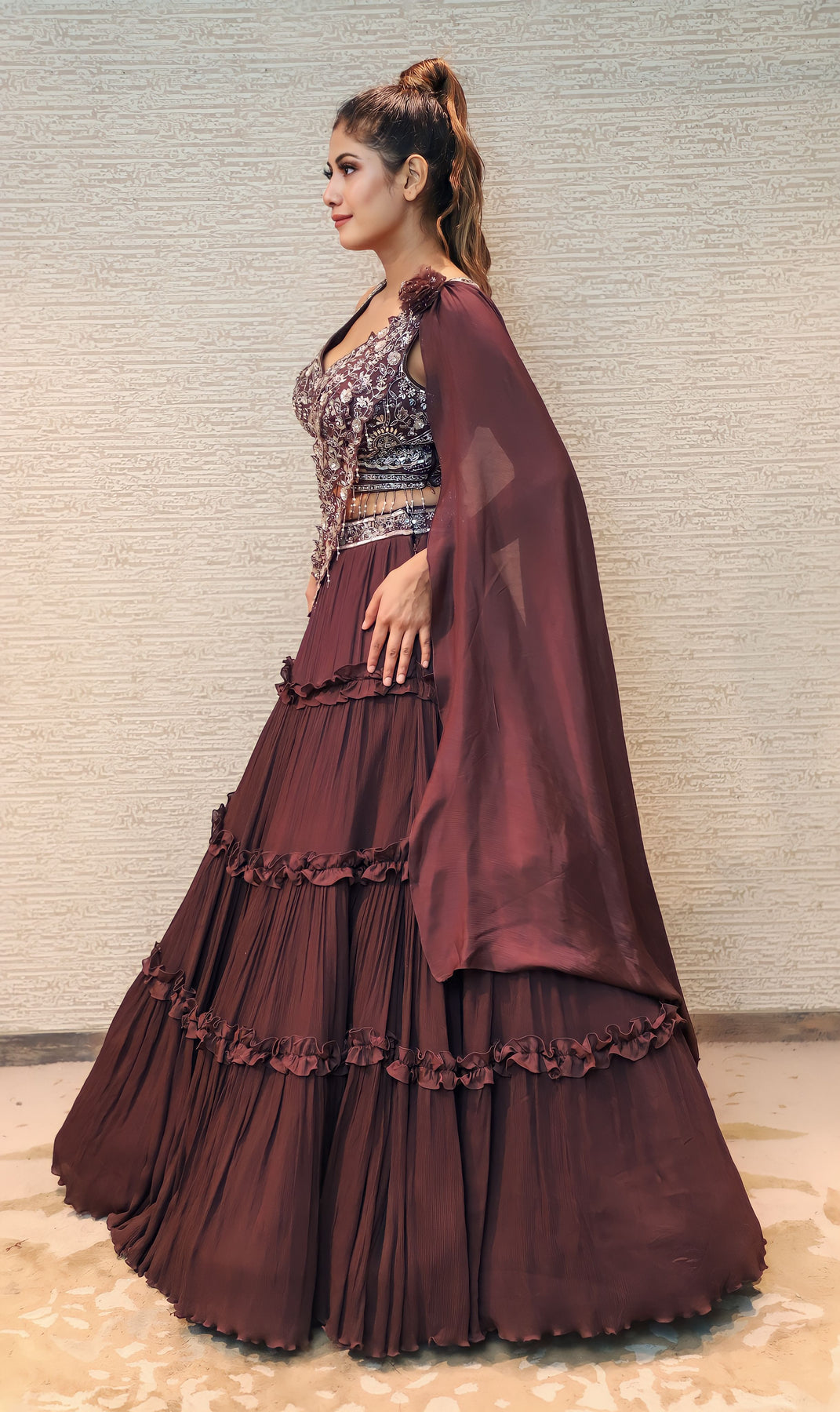 trendy wine color floral motif embroidered lehenga