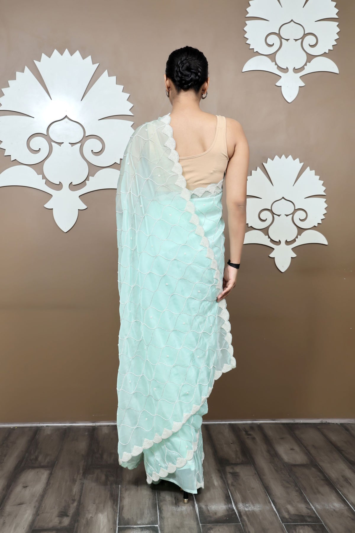 Elegant Aqua Color Geometrical Motif Embroidered Saree
