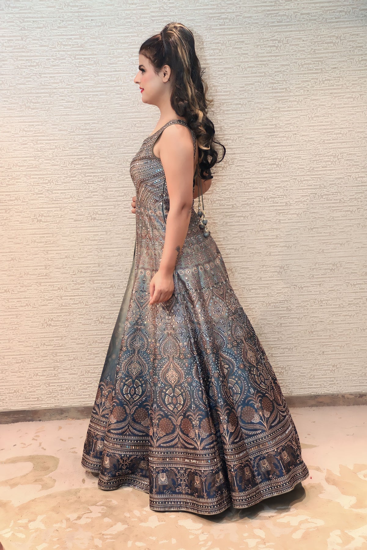 adorable grey color floral motif embroidered dress