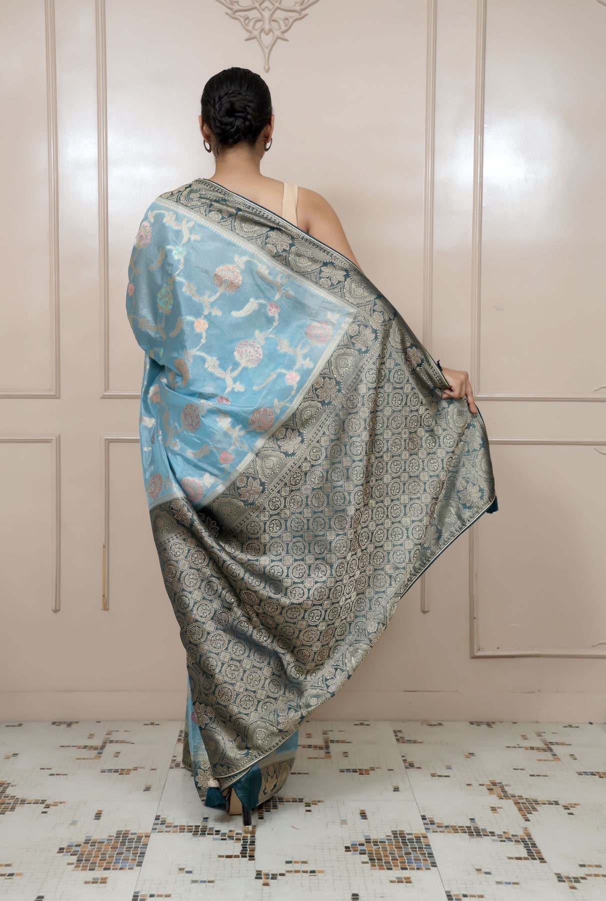 Classy Blue Colour Floral Motif Woven Saree