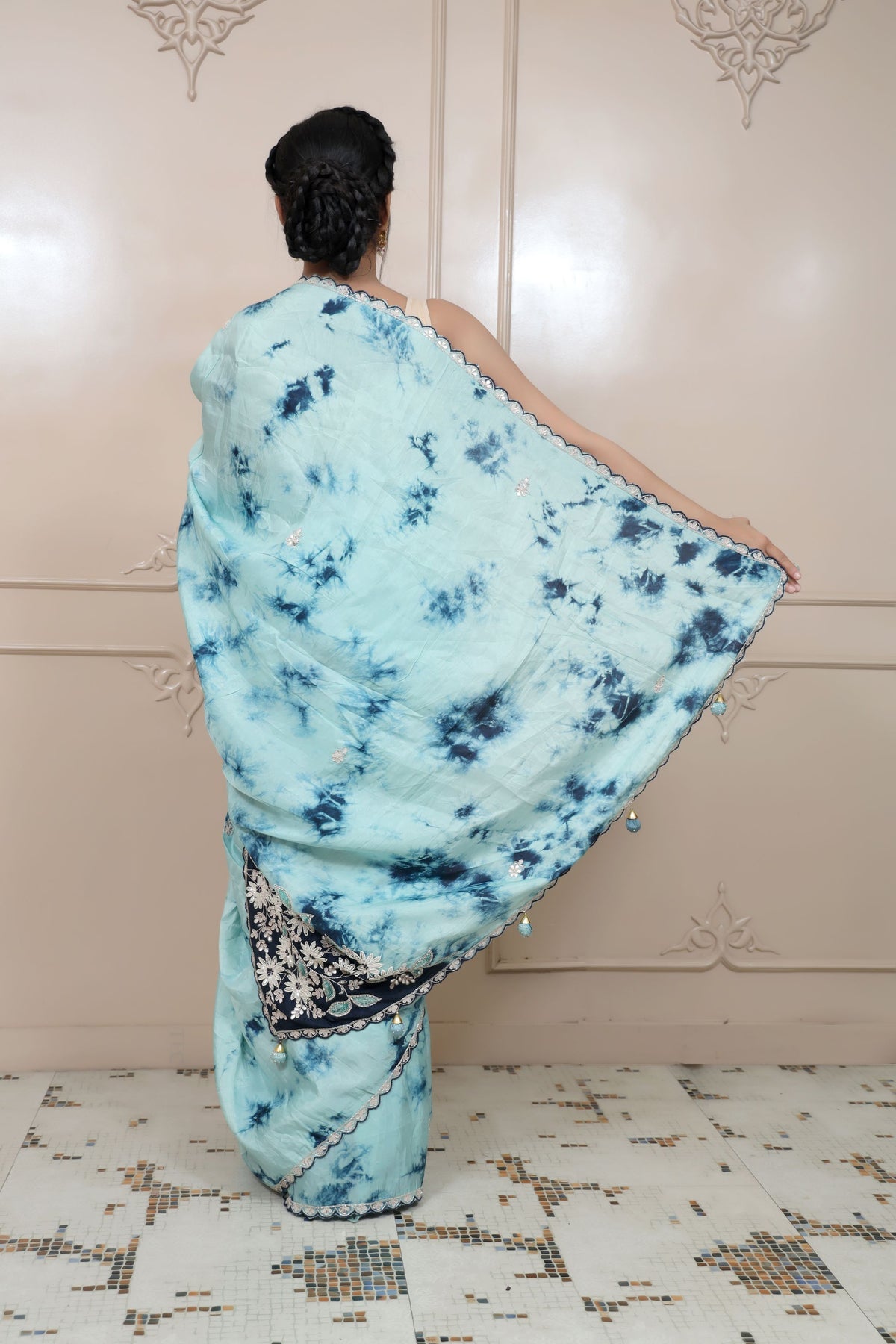 Adorable Blue Colour Tie Dye Embroidered Saree