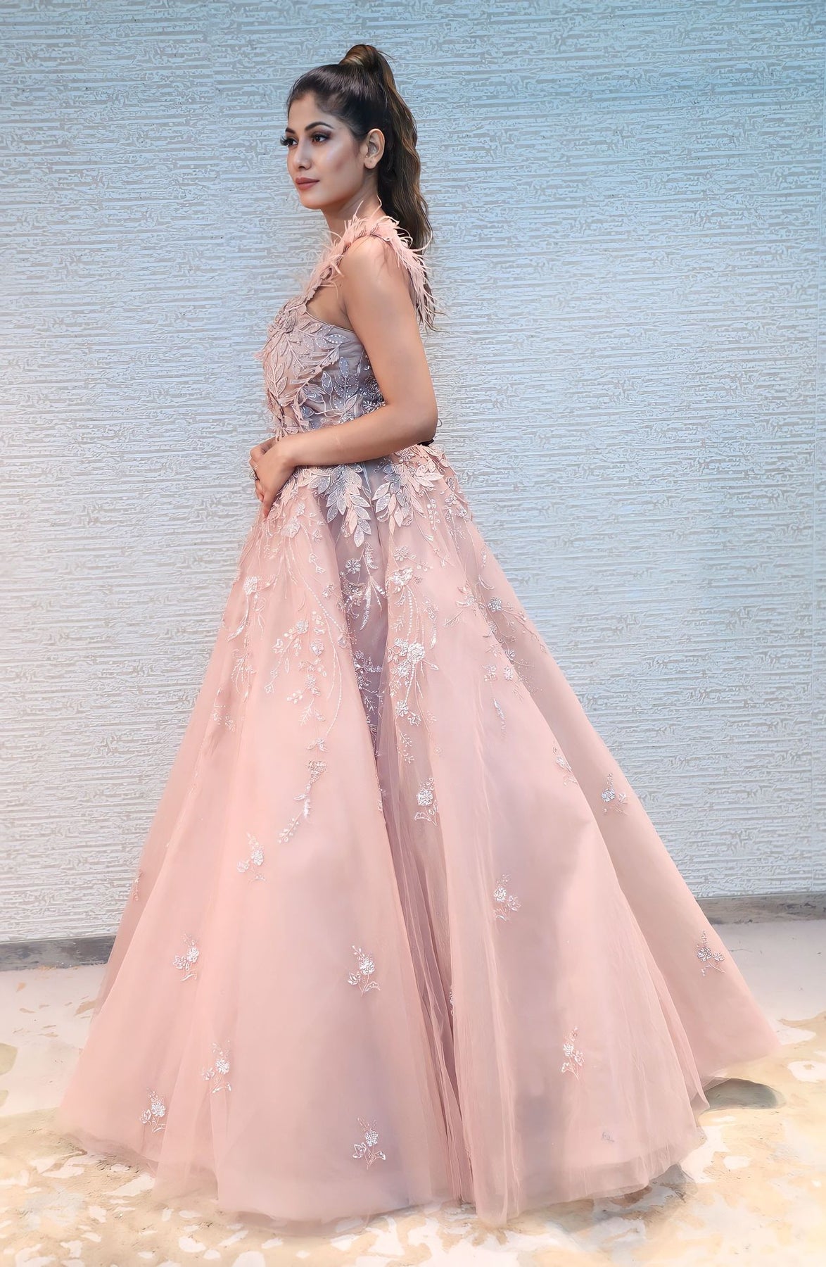 classic peach color floral motif embroidered gown
