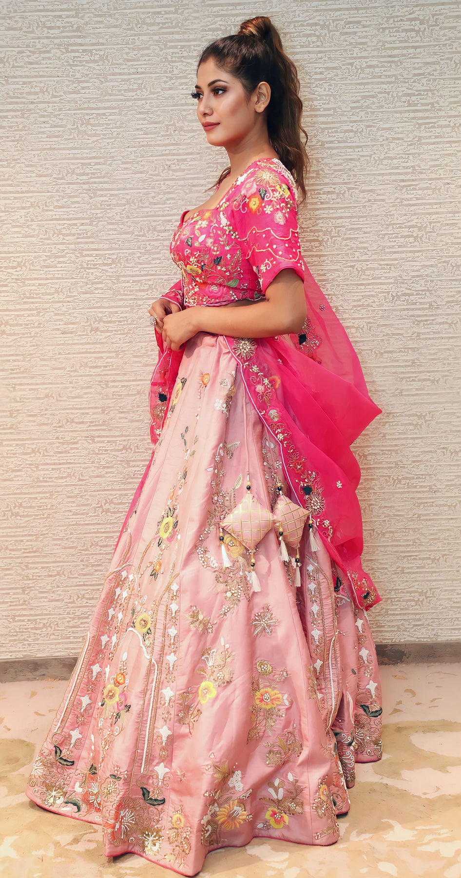classy dark pink color floral motif lehenga set