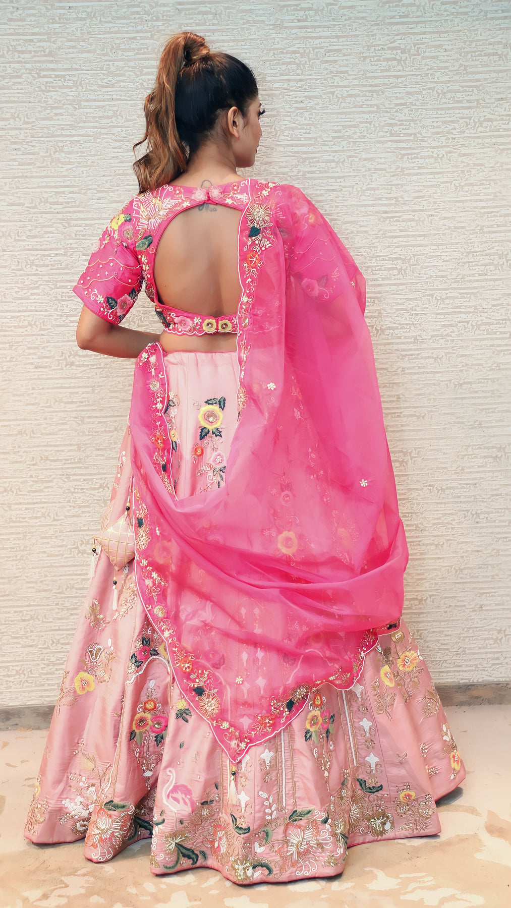 classy dark pink color floral motif lehenga set