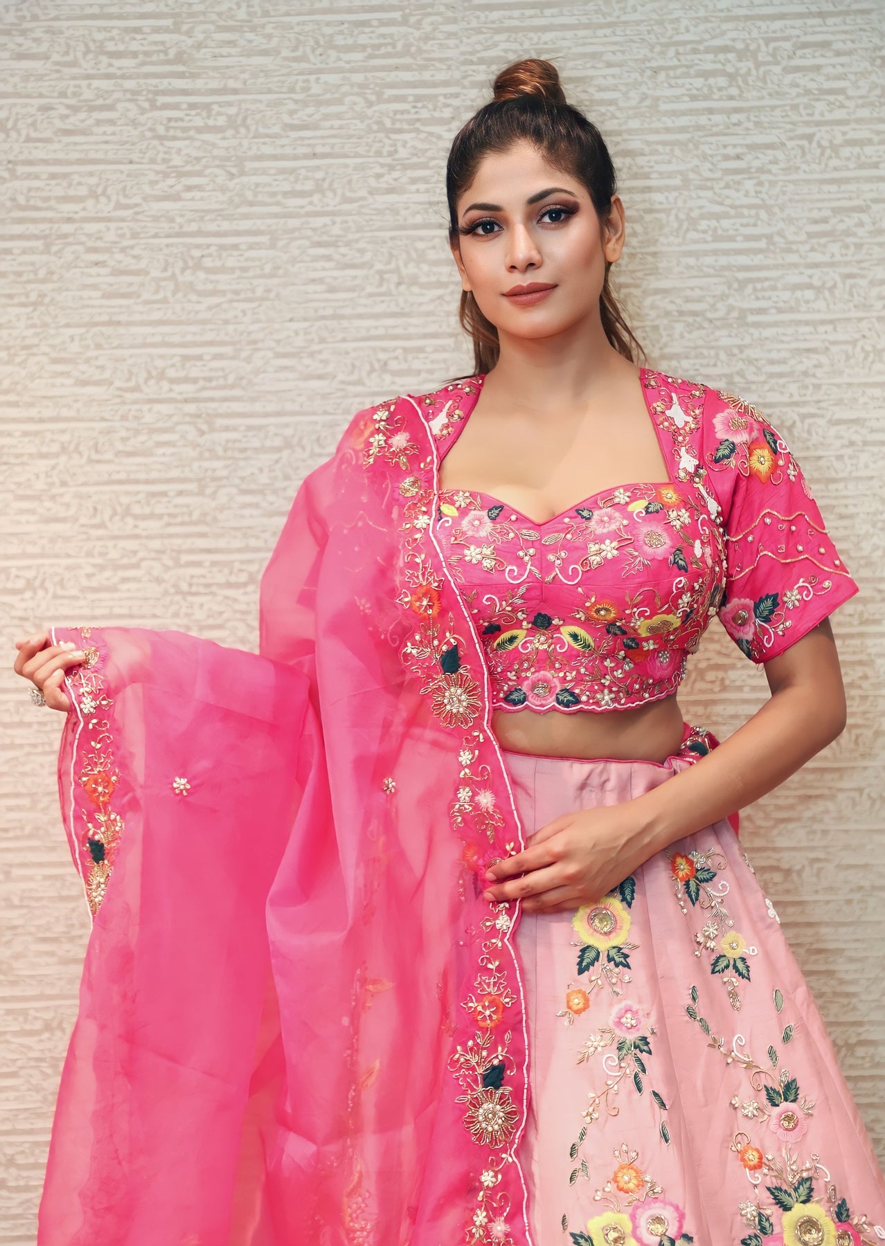 classy dark pink color floral motif lehenga set