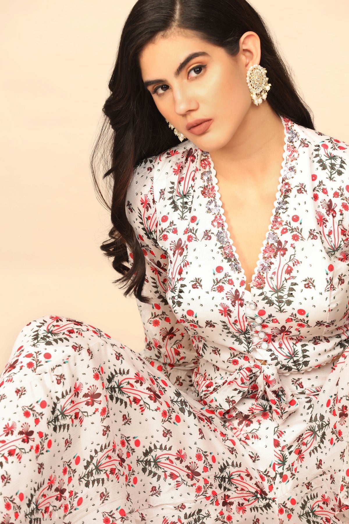 Blossom in Style with our White Floral Print Cotton Crop Top and Palazzo Set