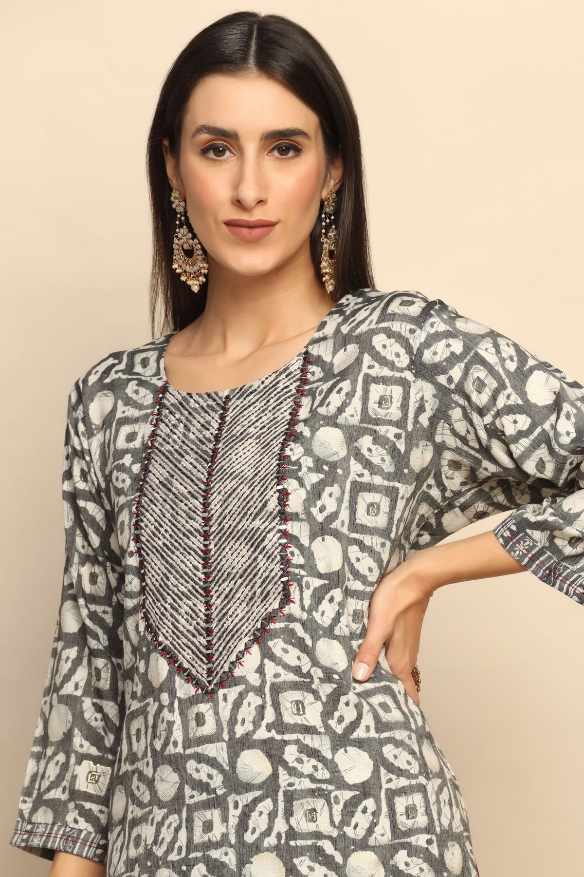 Elegant Black & White Cotton Blend Suit with Thread Work Mirror