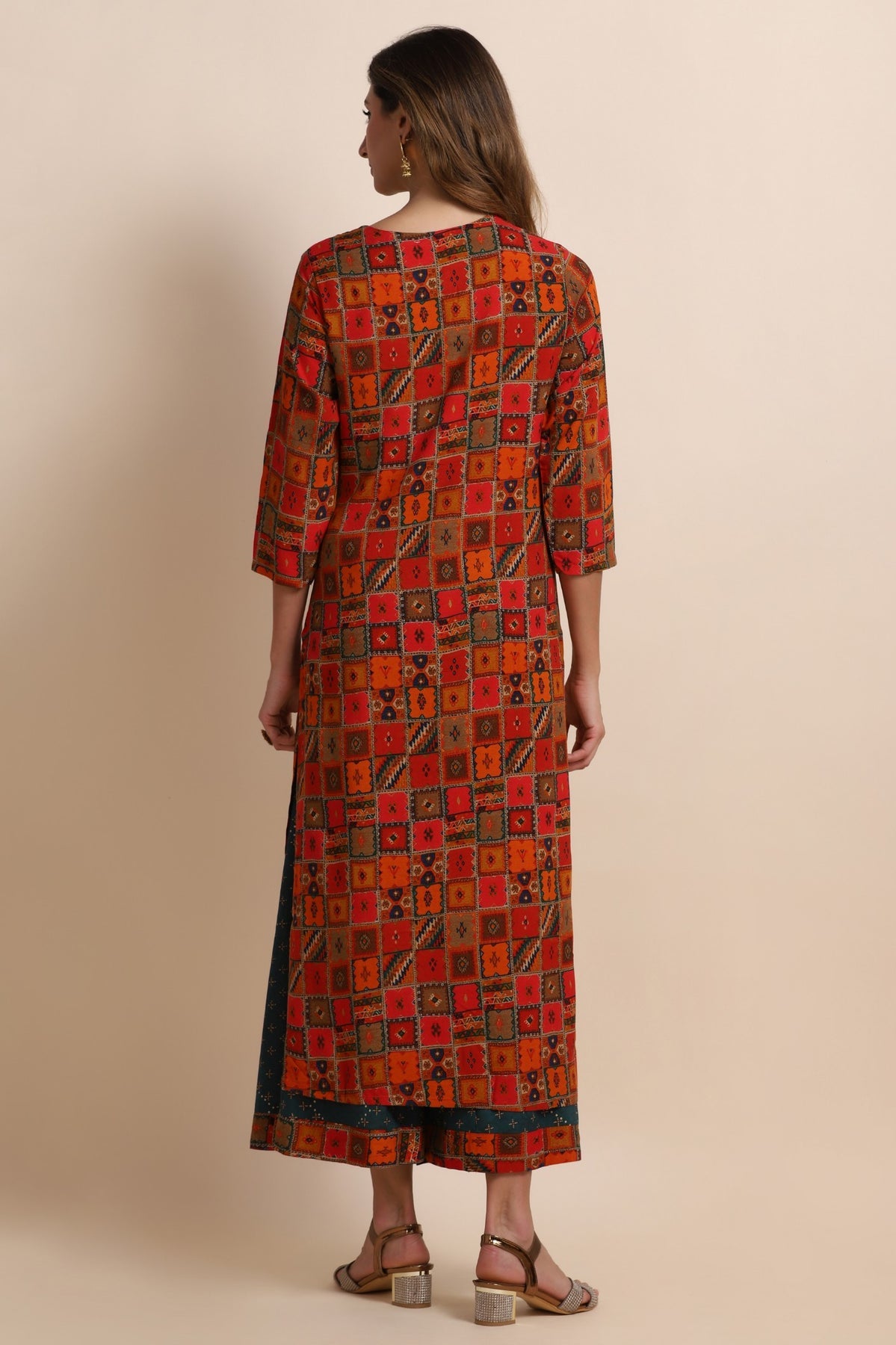 Red Printed Kurti With Flared Pants | Silk And Gleam