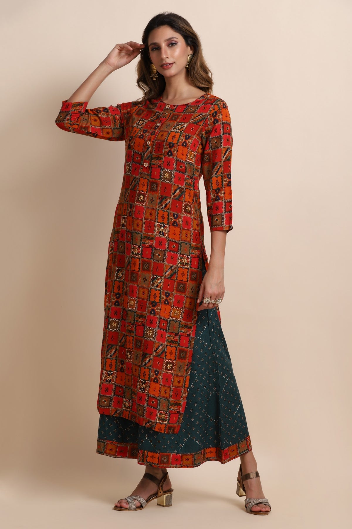 Red Printed Kurti With Flared Pants | Silk And Gleam