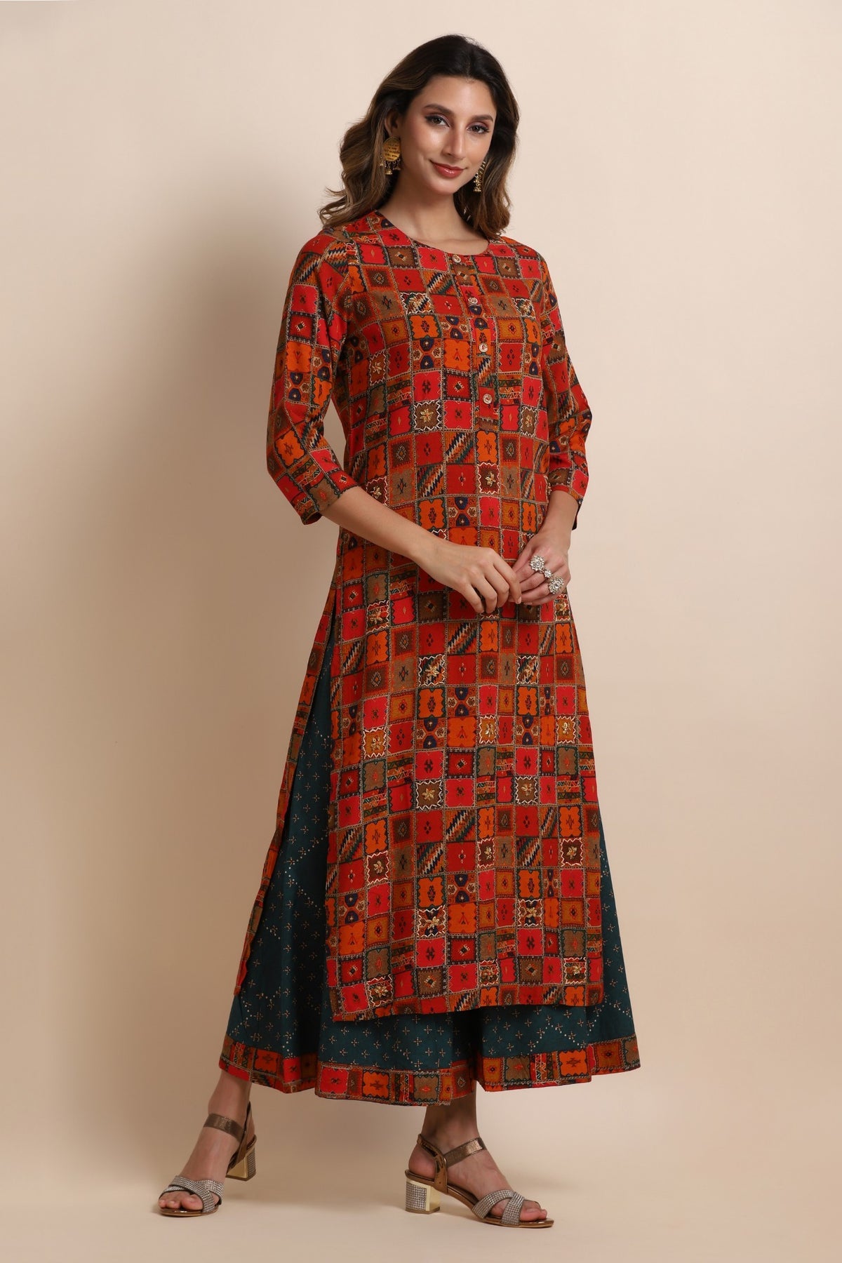 Red Printed Kurti With Flared Pants | Silk And Gleam