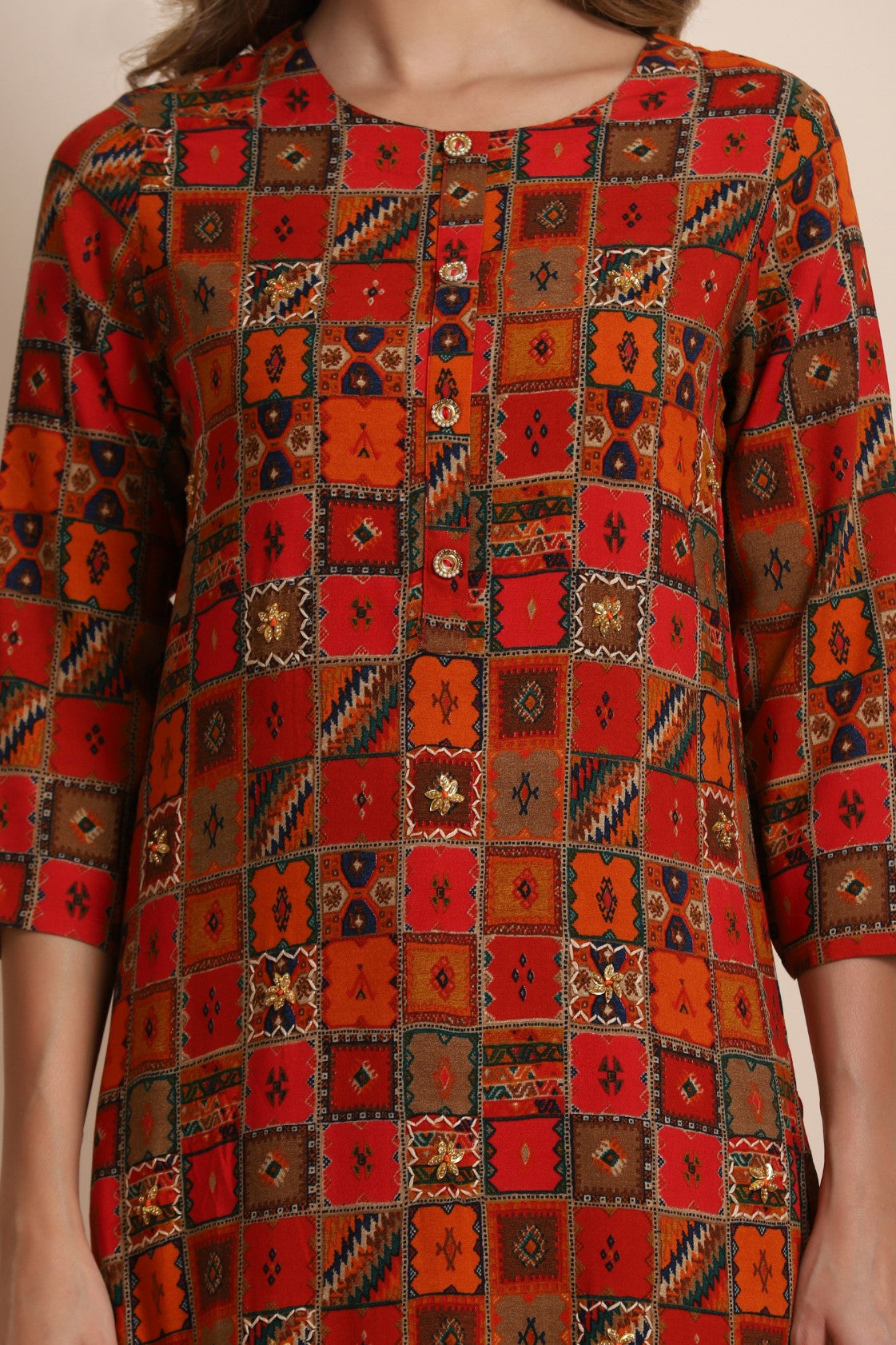Red Printed Kurti With Flared Pants | Silk And Gleam