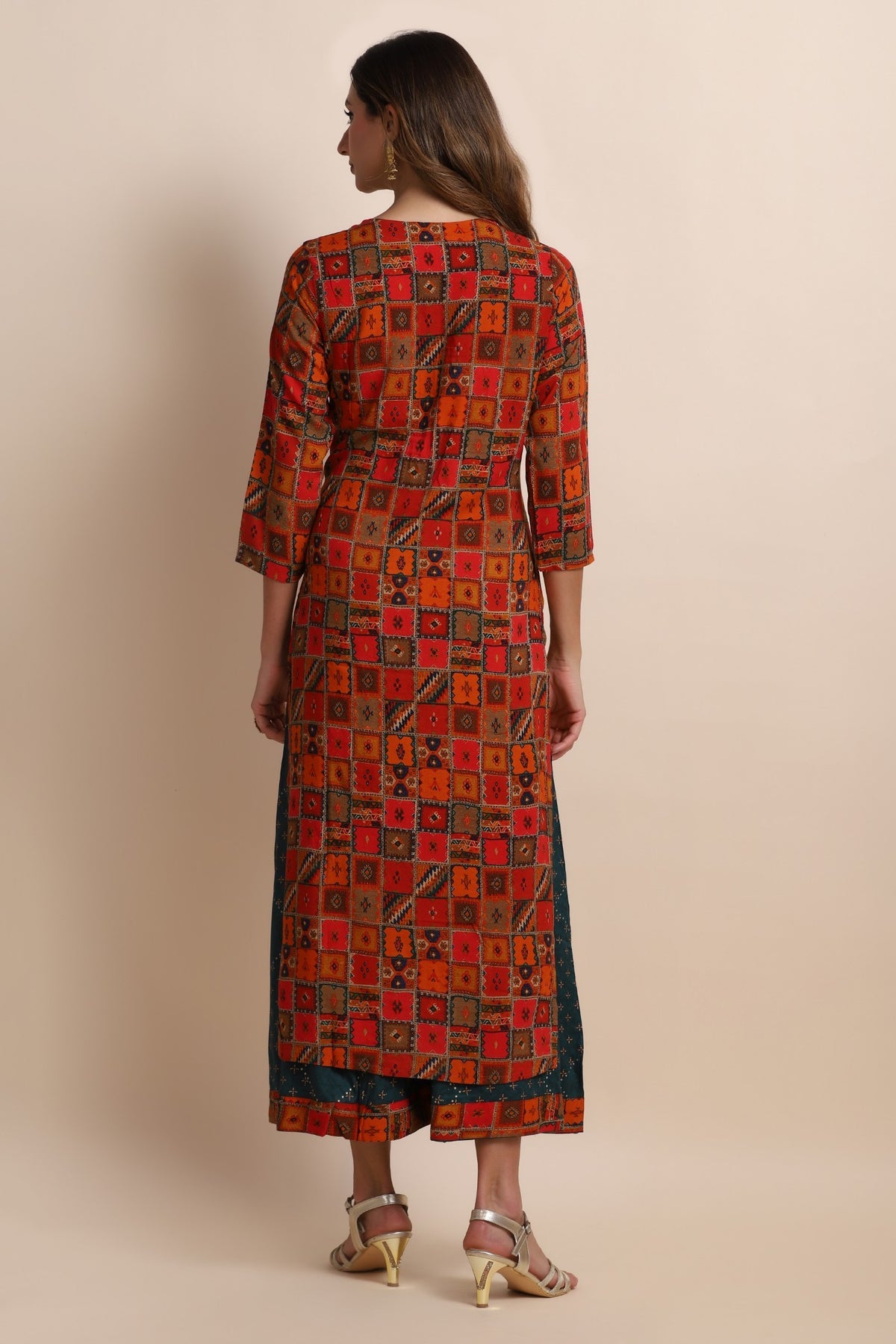 Red Printed Kurti With Flared Pants | Silk And Gleam