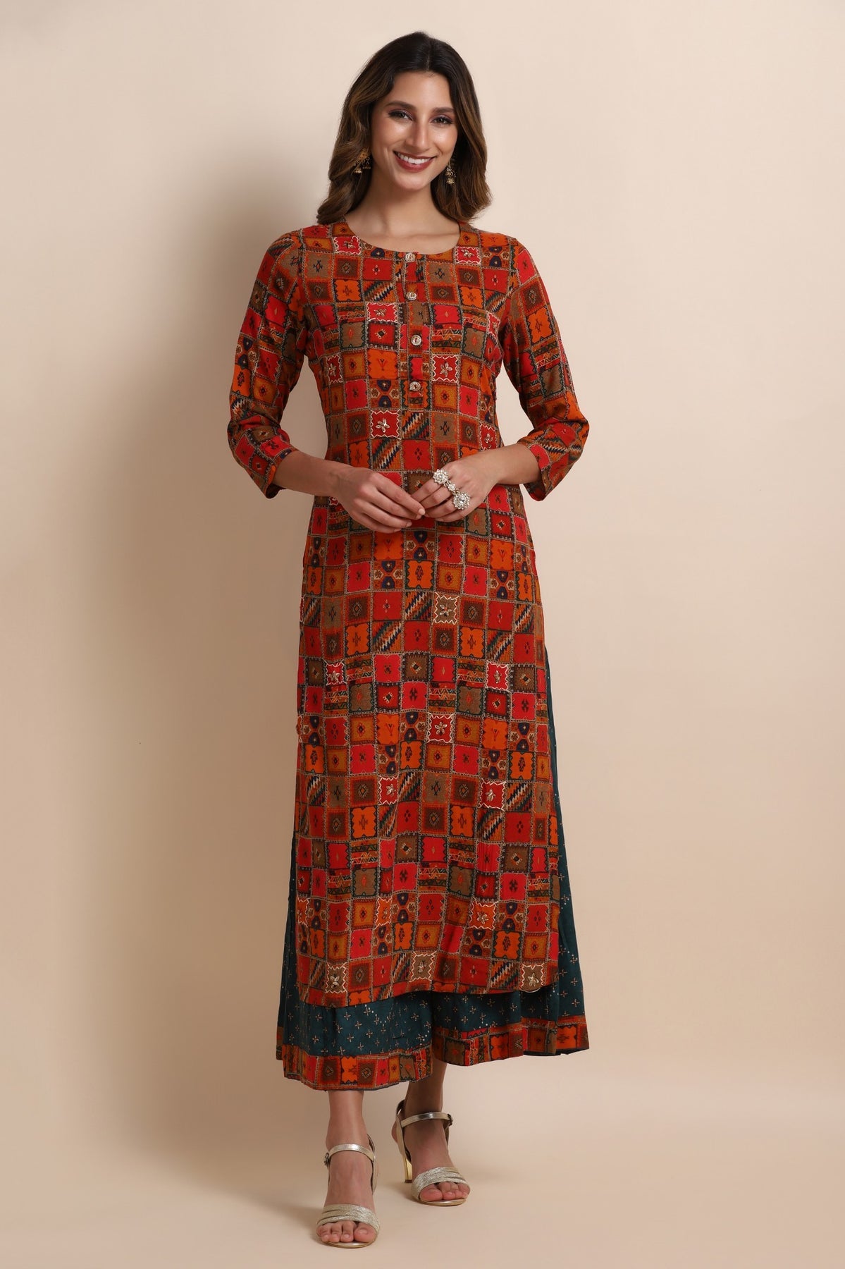 Red Printed Kurti With Flared Pants | Silk And Gleam