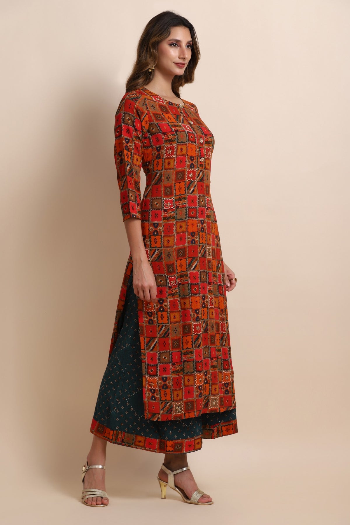 Red Printed Kurti With Flared Pants | Silk And Gleam