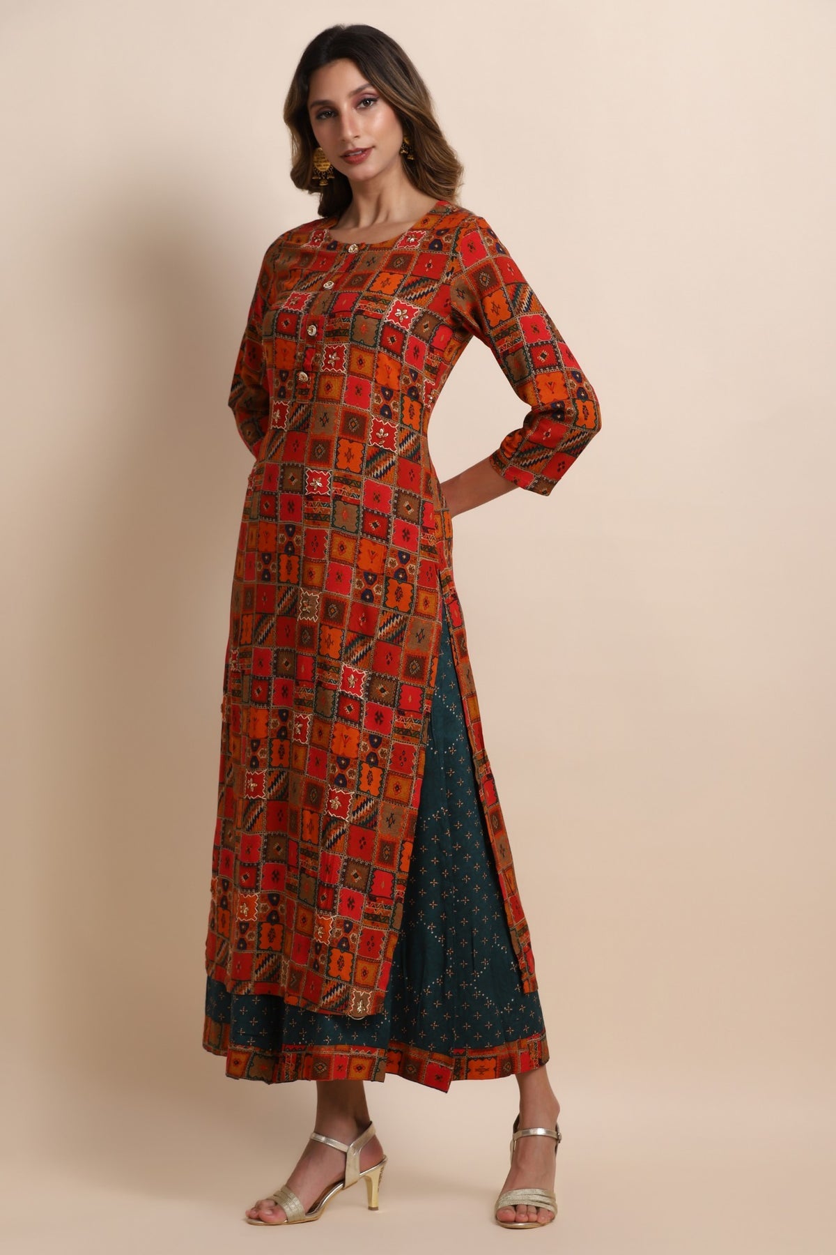 Red Printed Kurti With Flared Pants | Silk And Gleam