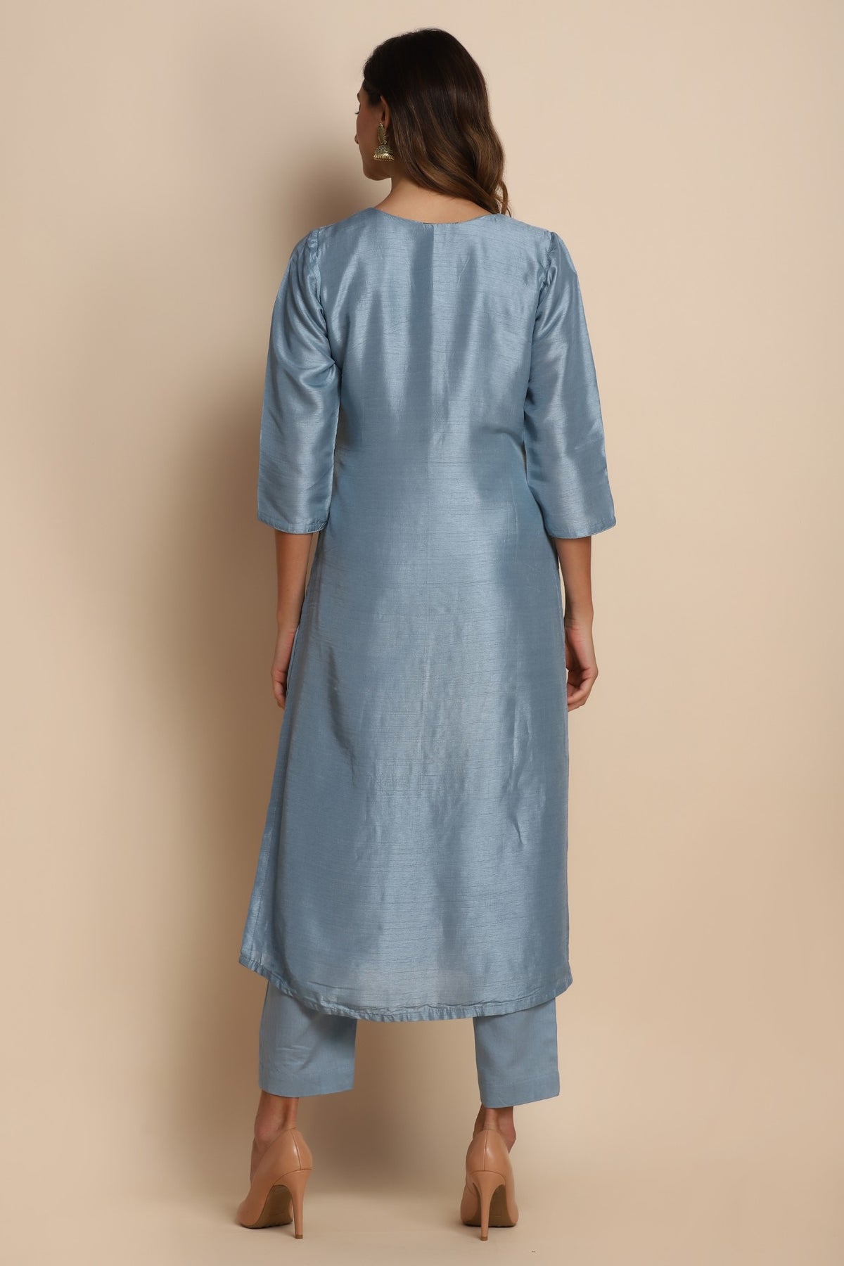 Traditional blue suit with highlights and yellow dupatta