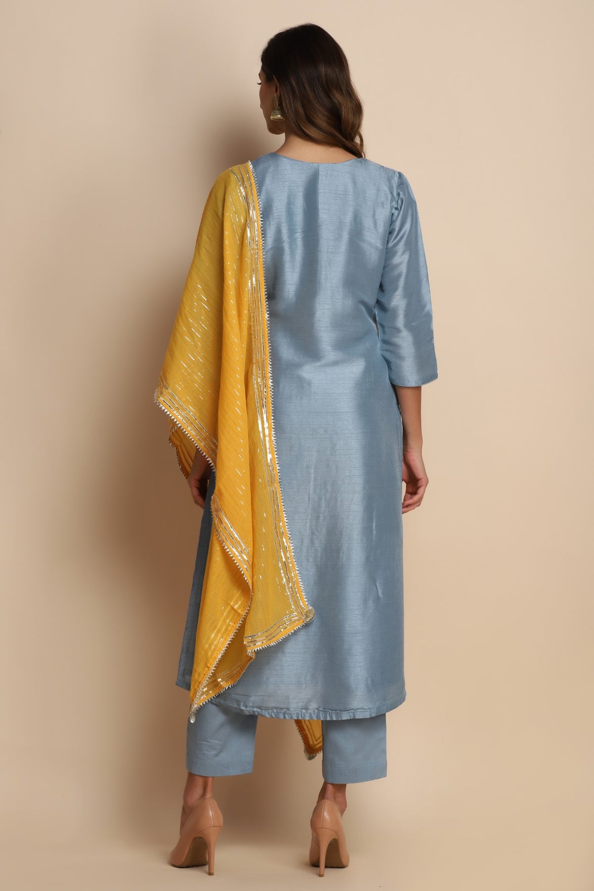 Traditional blue suit with highlights and yellow dupatta