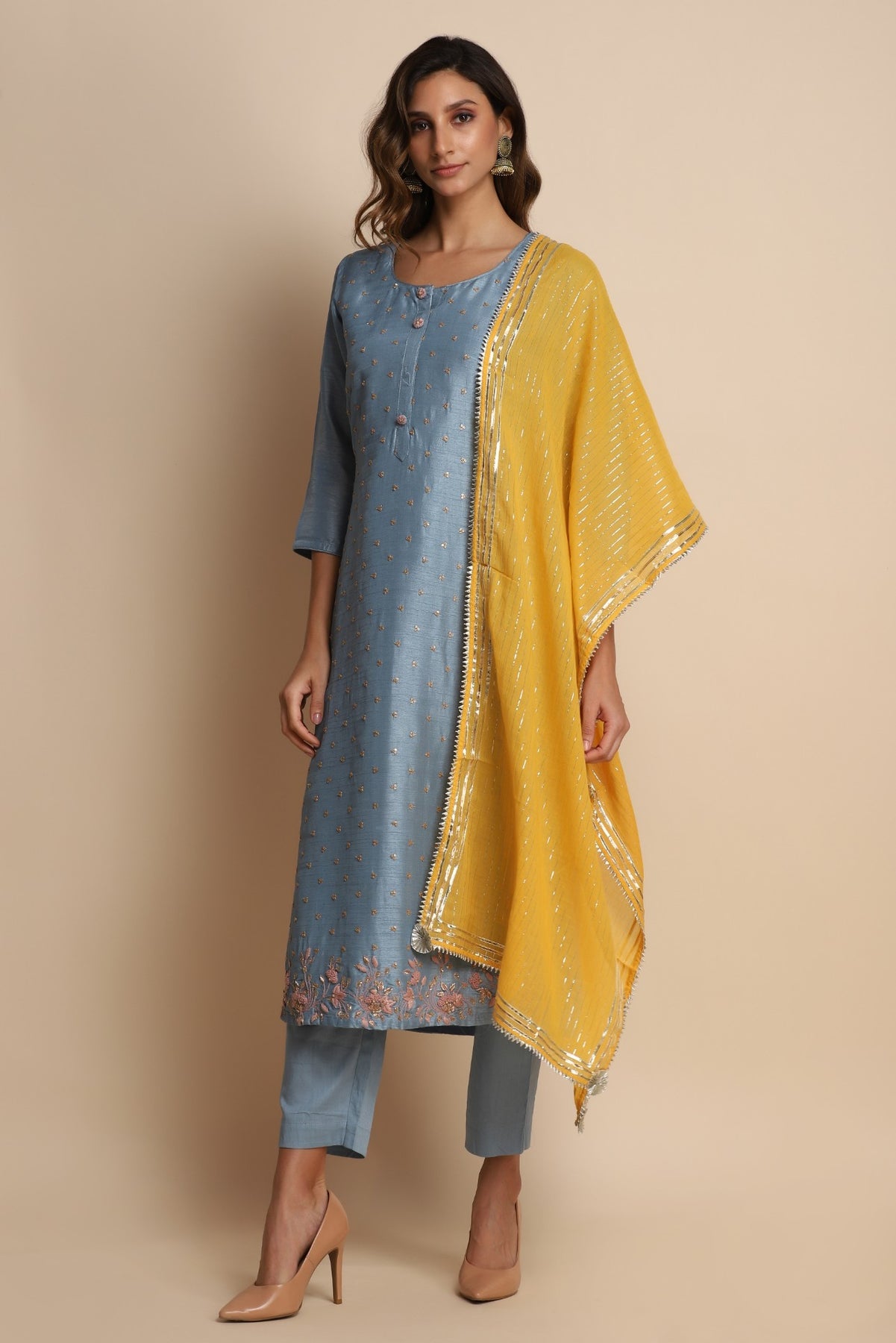 Traditional blue suit with highlights and yellow dupatta