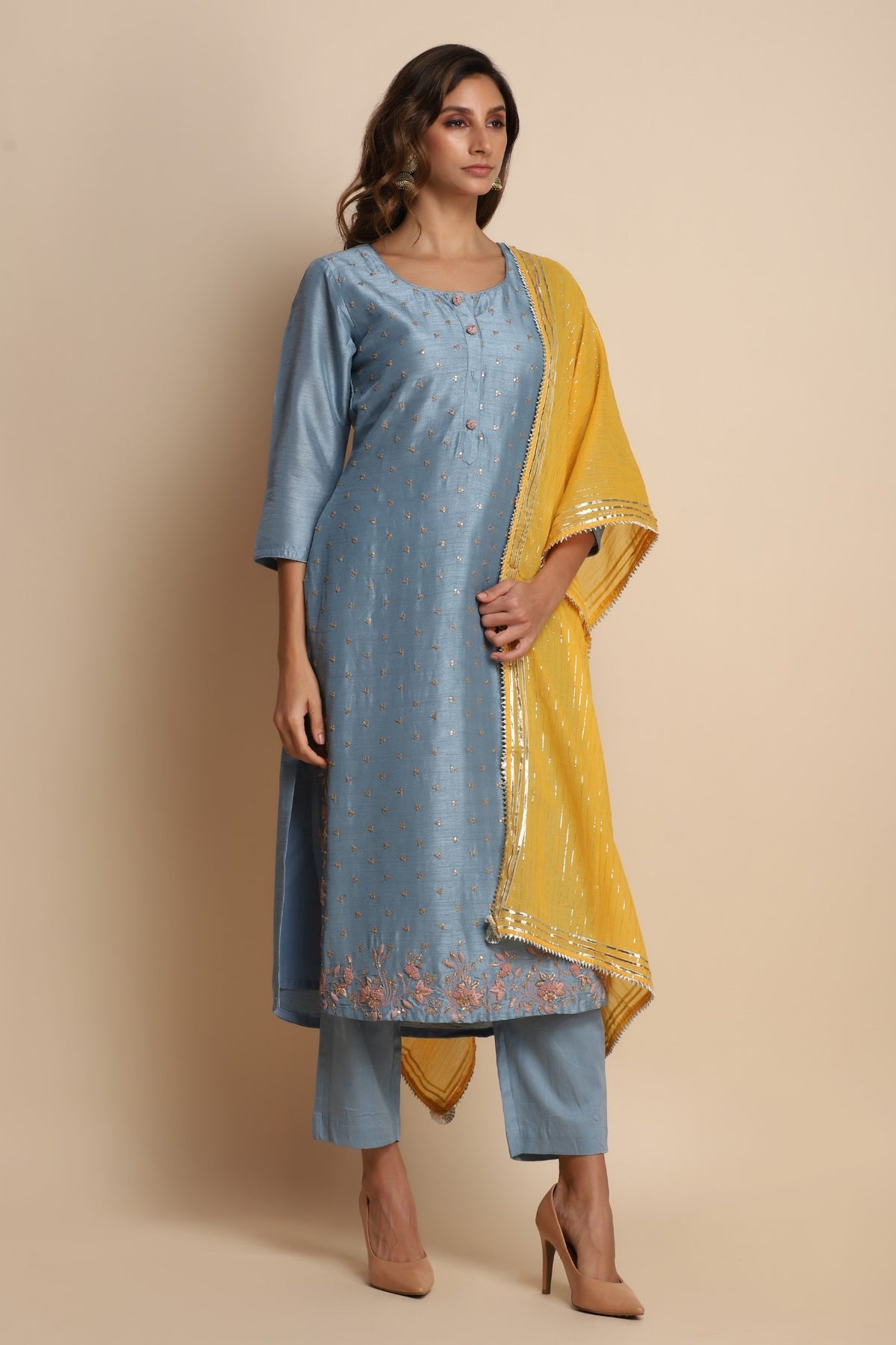 Traditional blue suit with highlights and yellow dupatta