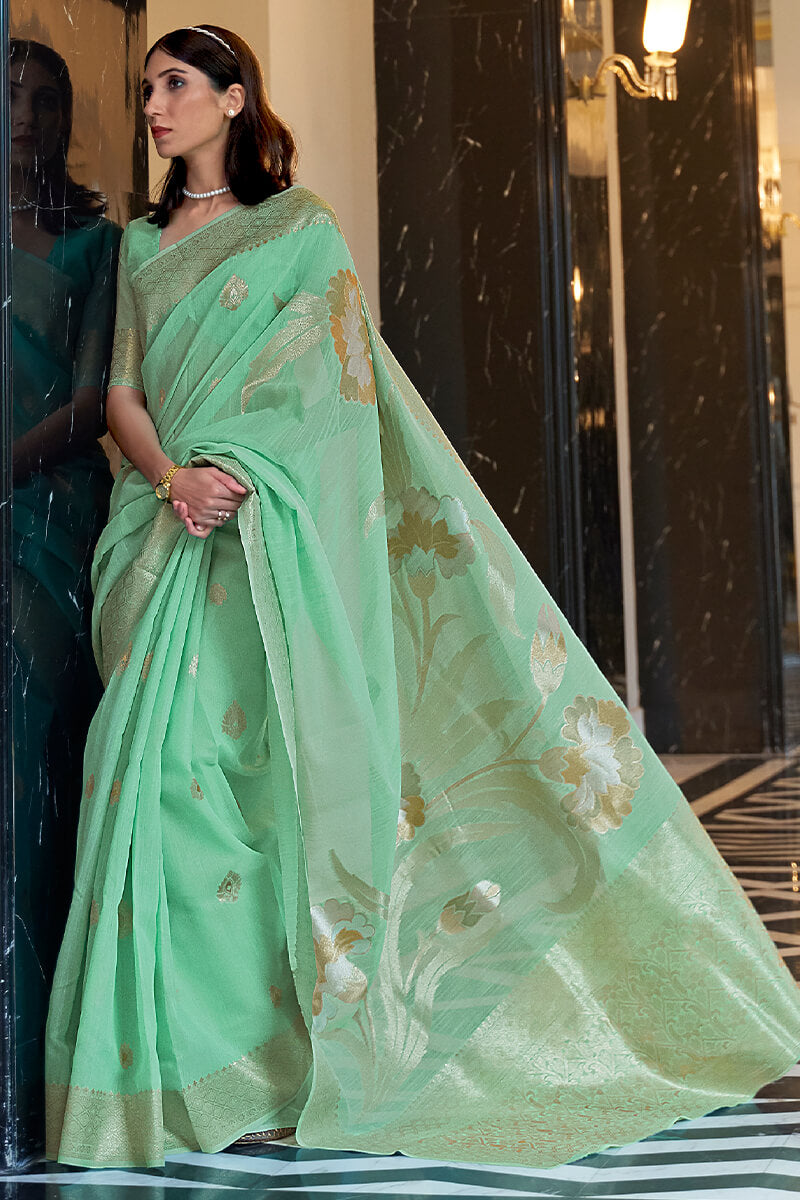Alluring Sea Green Cotton Silk Saree With Capricious Blouse Piece