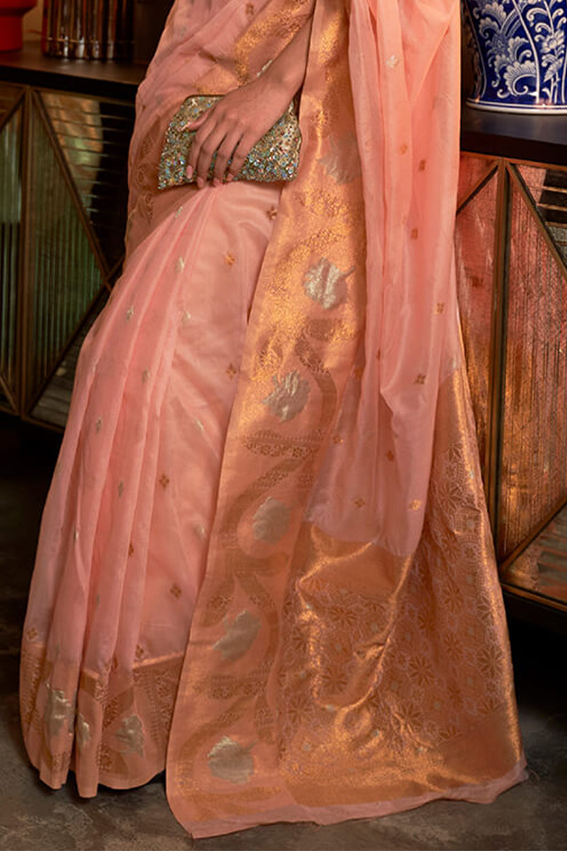 Lagniappe Peach Organza Silk Saree With Nemesis Blouse Piece