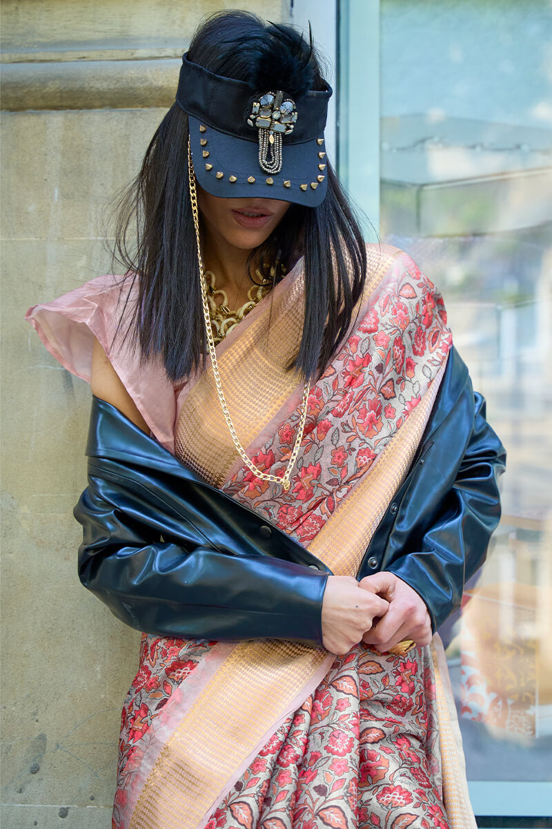 Embellished Beige Organza Silk Saree With Sumptuous Blouse Piece