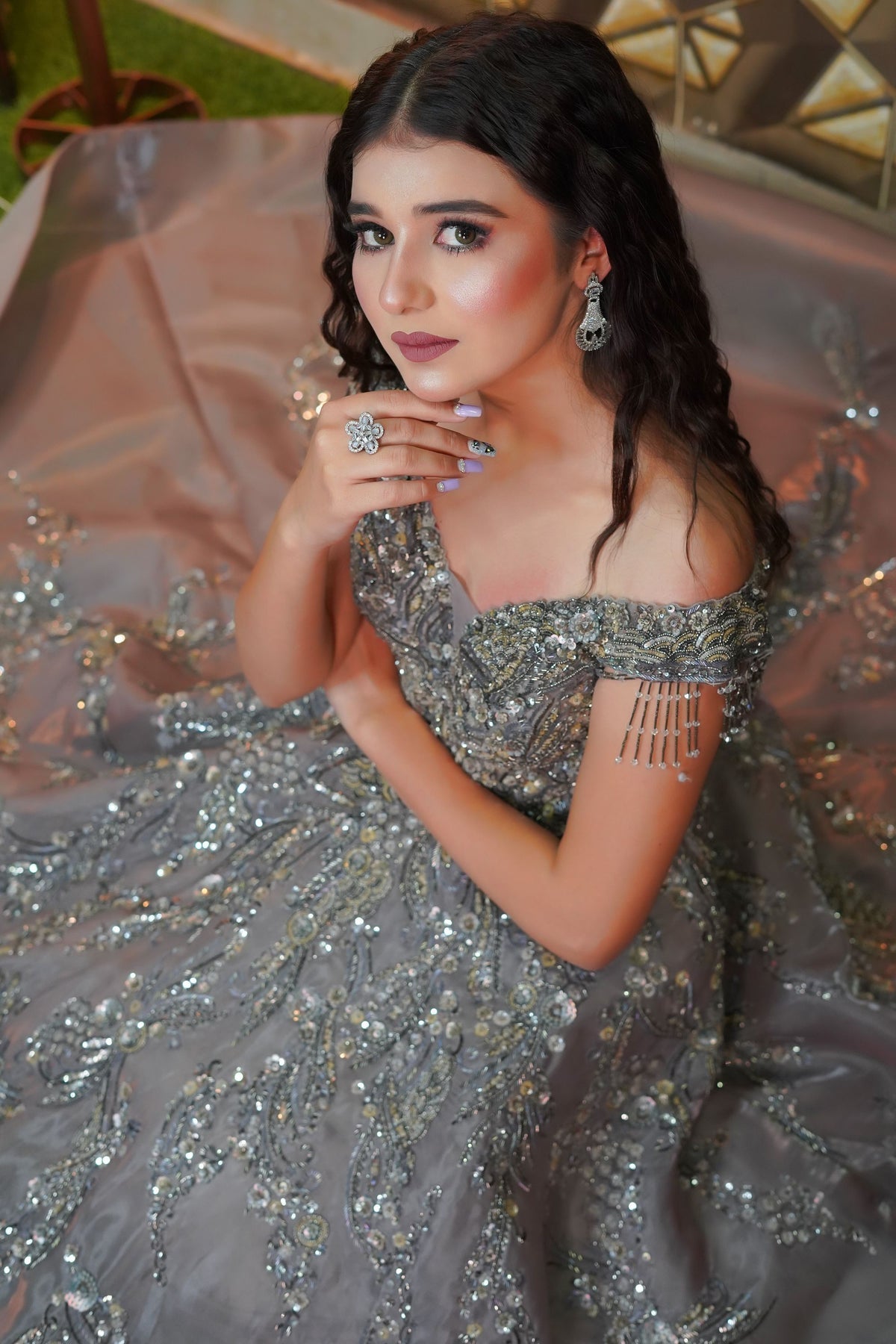 Glamorous grey color evening gown