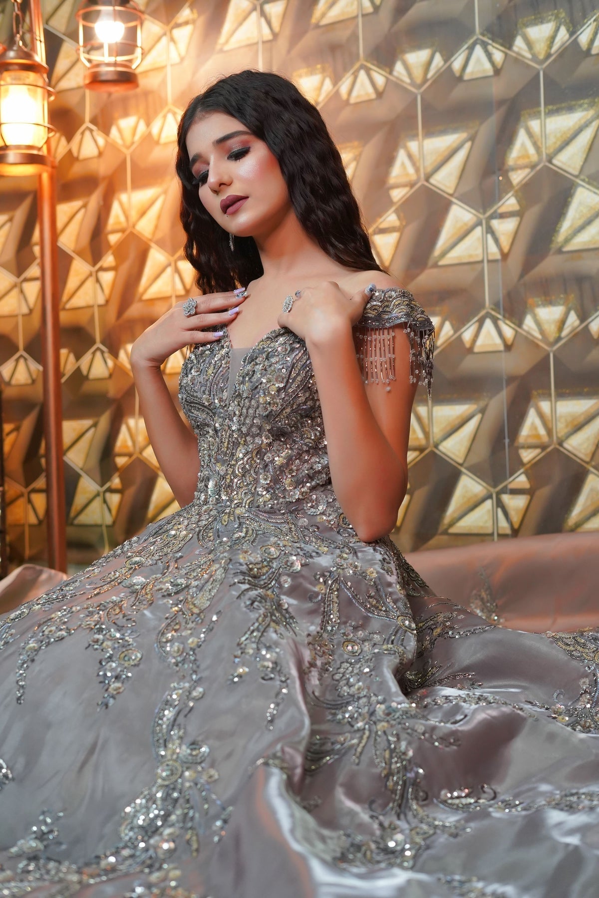 Glamorous grey color evening gown