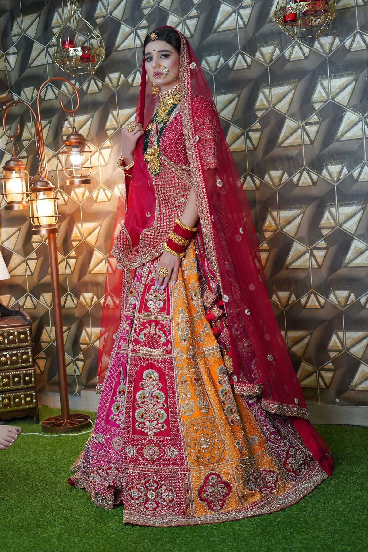 Stunning Red and Mustard Bridal Lehenga with Peacock Motif