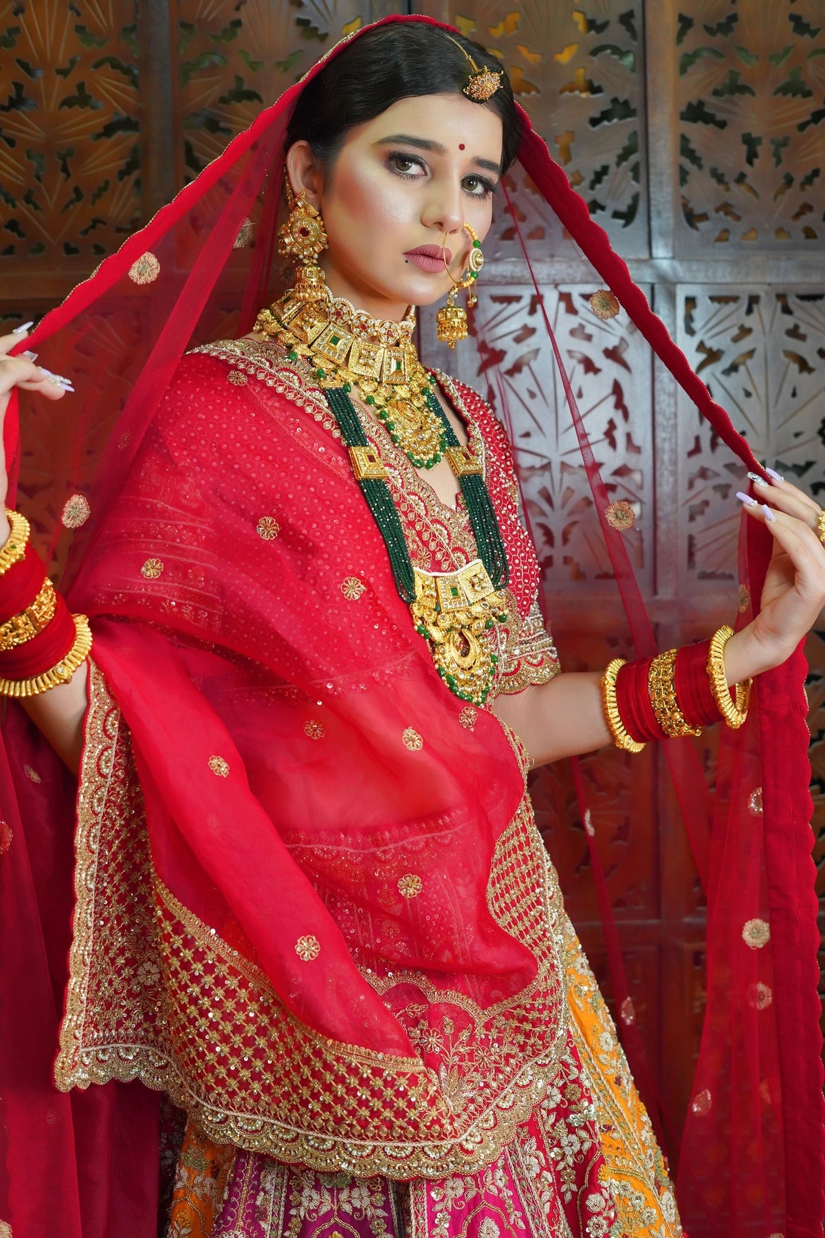 Stunning Red and Mustard Bridal Lehenga with Peacock Motif