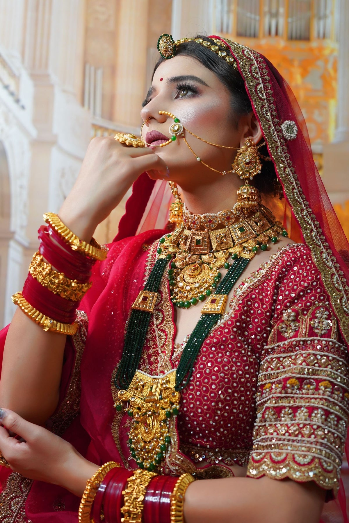 Stunning Red and Mustard Bridal Lehenga with Peacock Motif