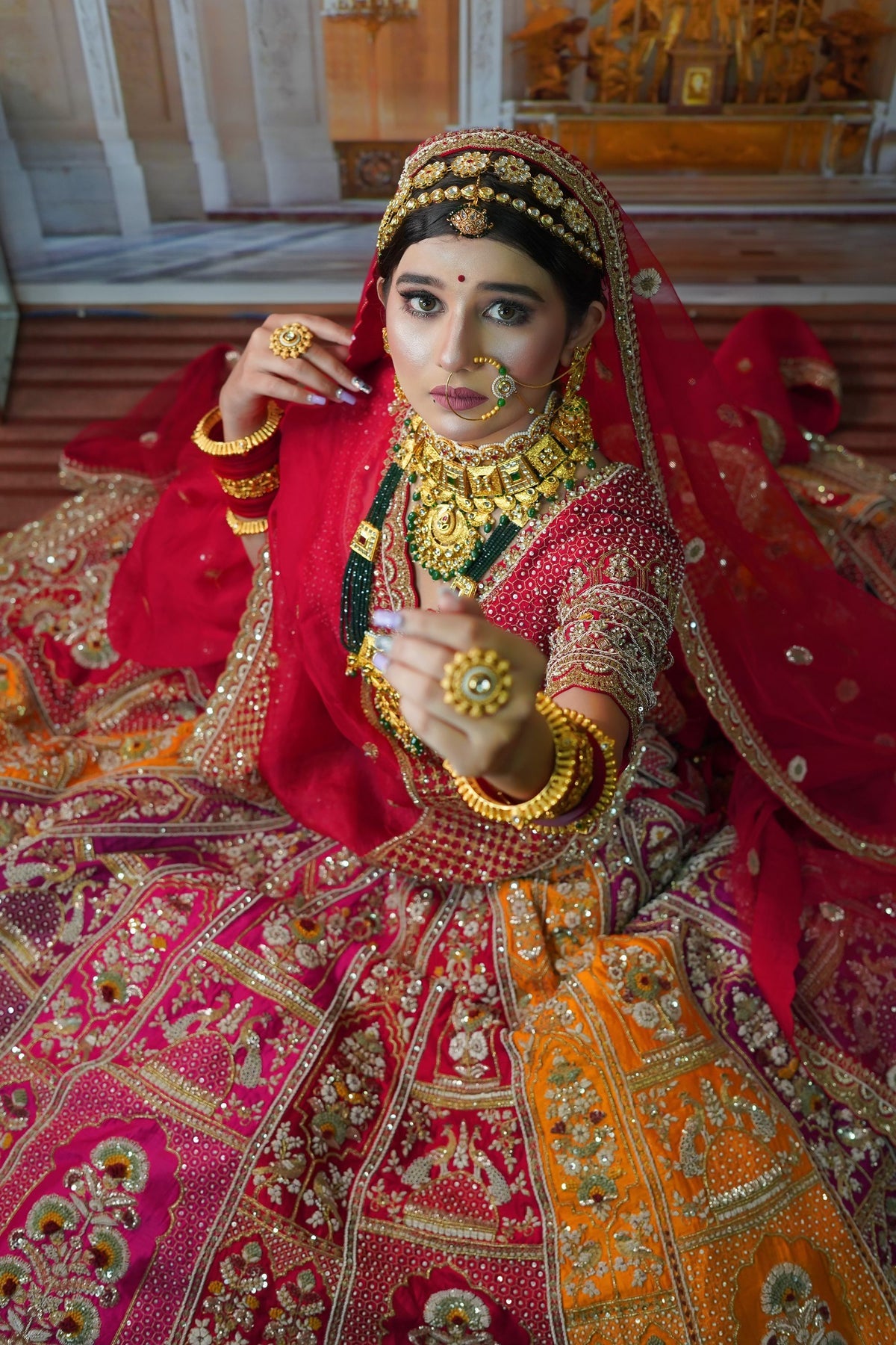Stunning Red and Mustard Bridal Lehenga with Peacock Motif