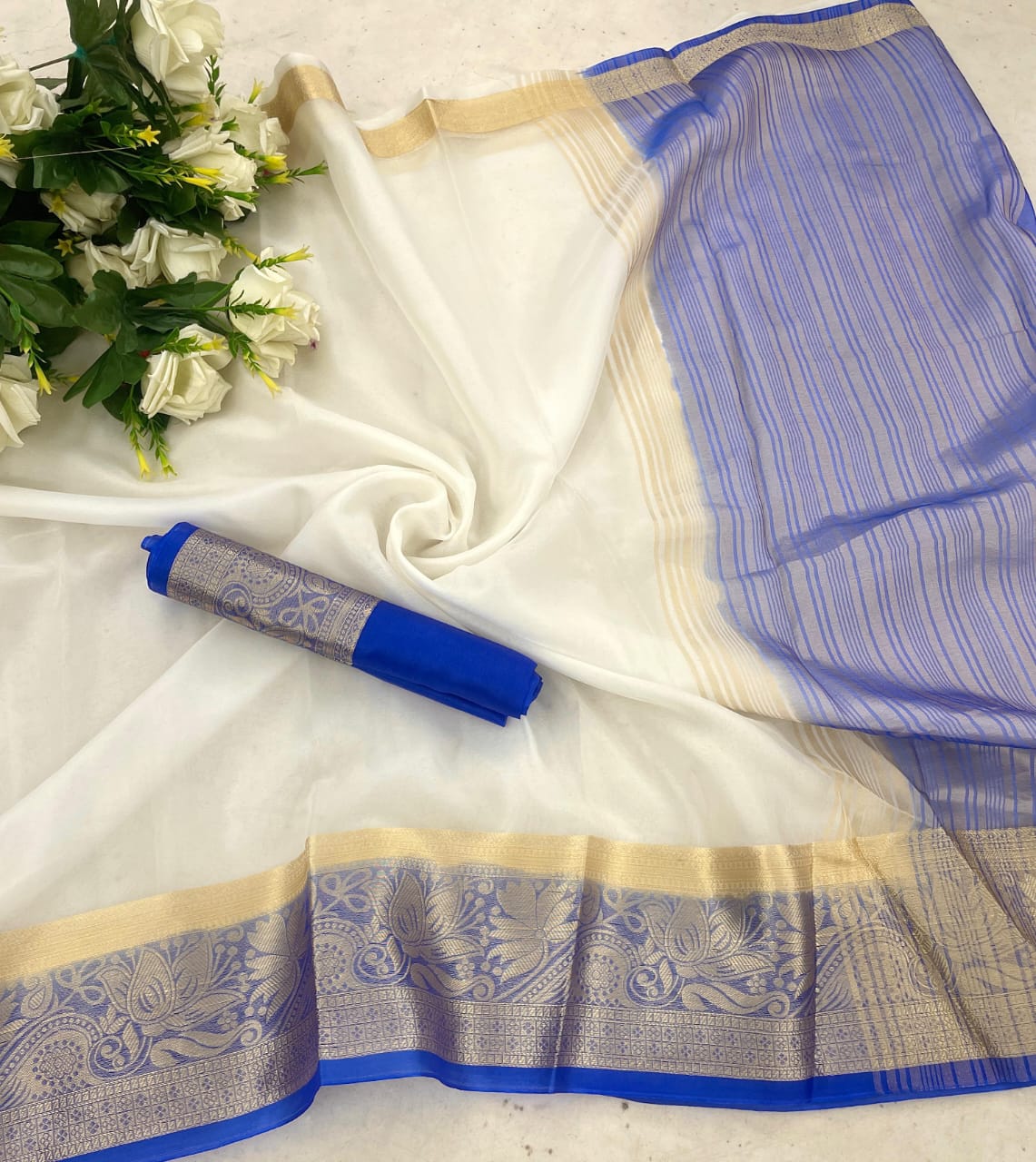 Effervescent White and Blue Orgenza Silk Saree With Palimpsest Blouse Piece