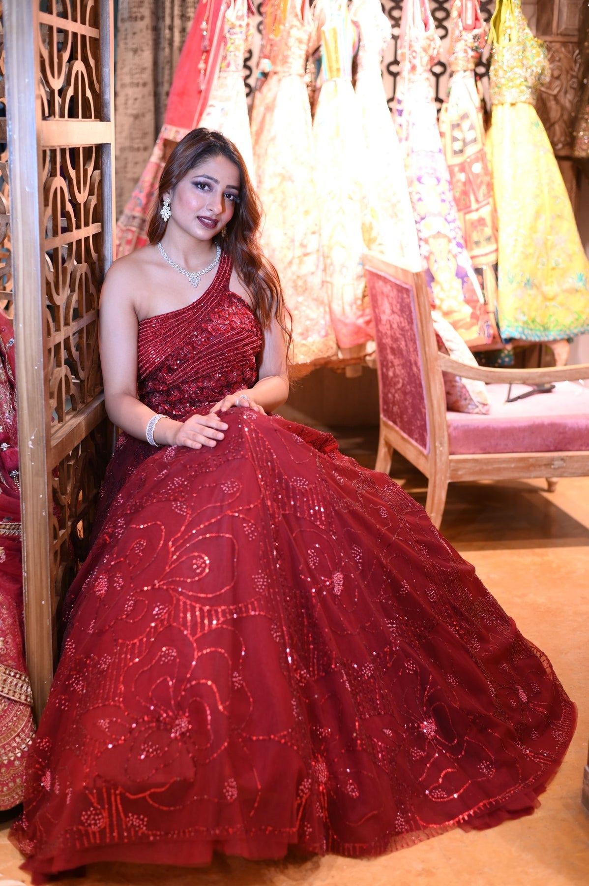 trendy red color floral motif dress