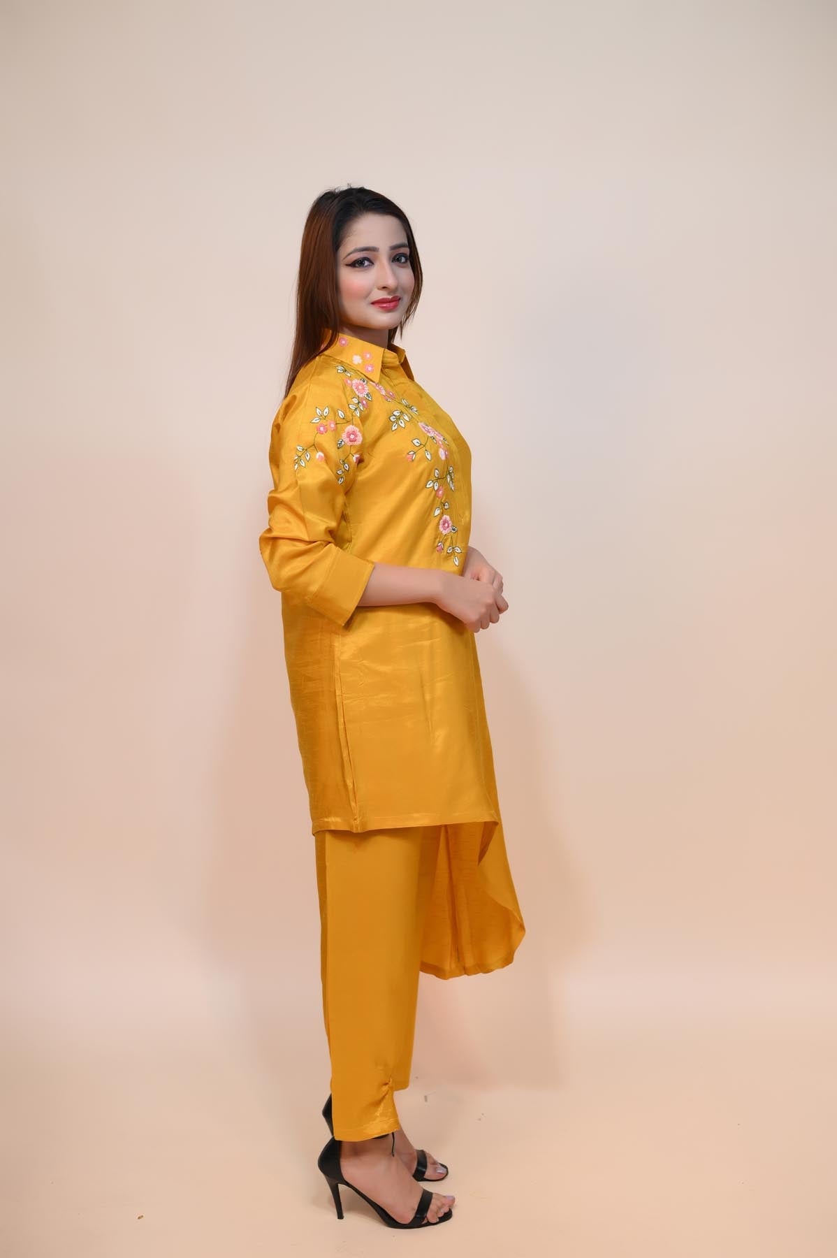 Mustard Yellow Silk Blend Dress with Elegant Thread Work & Shimmering Moti Details