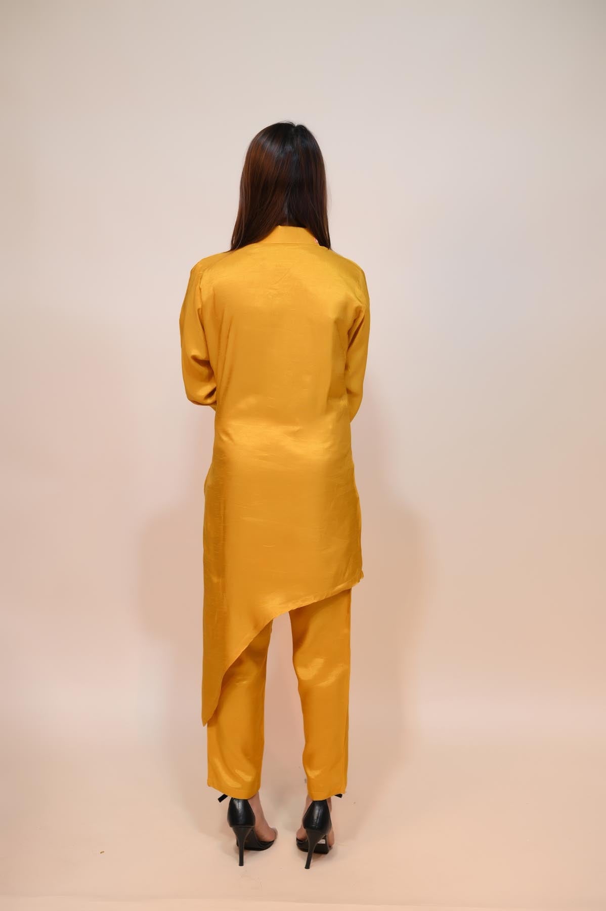 Mustard Yellow Silk Blend Dress with Elegant Thread Work & Shimmering Moti Details