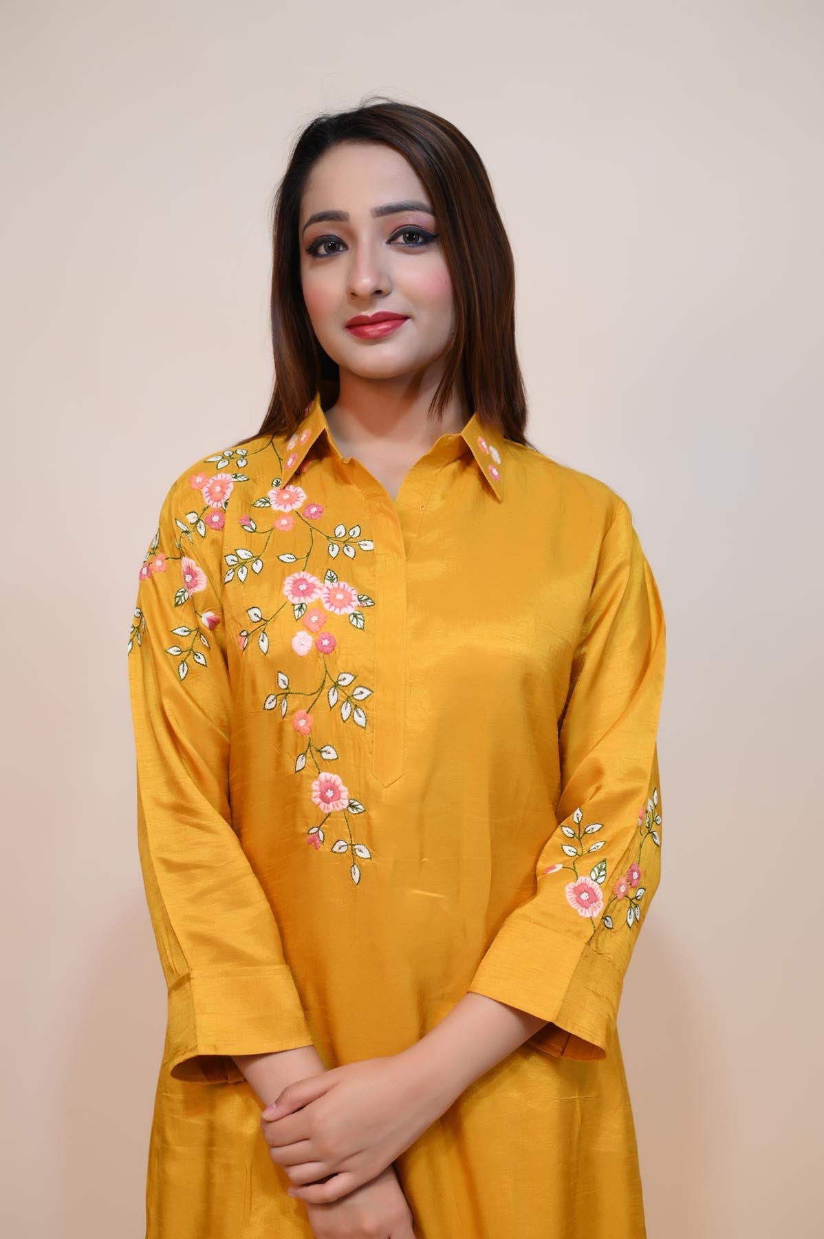 Mustard Yellow Silk Blend Dress with Elegant Thread Work & Shimmering Moti Details