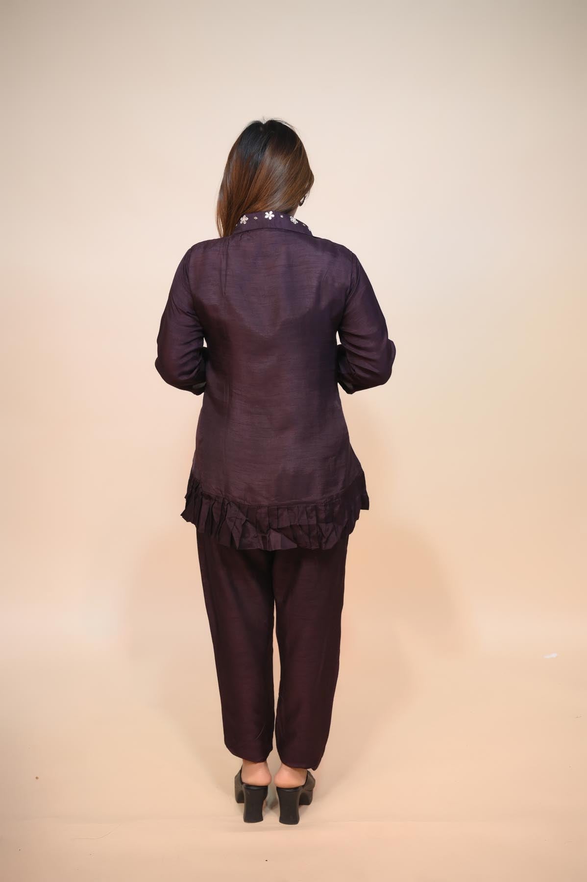 Wine Raw Silk Corset with Gota, Cut Dana, and Pearls | Handcrafted Elegance
