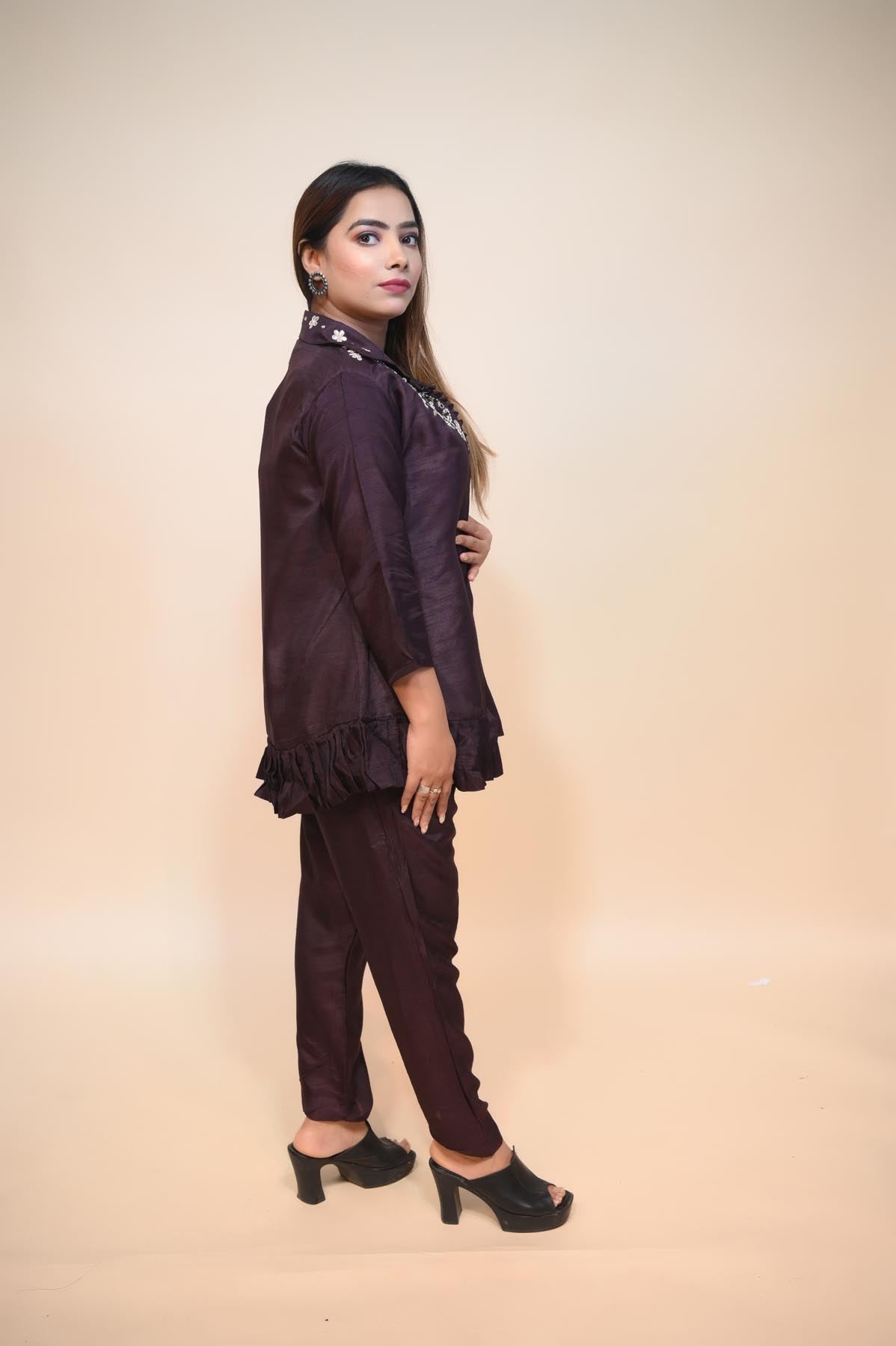 Wine Raw Silk Corset with Gota, Cut Dana, and Pearls | Handcrafted Elegance