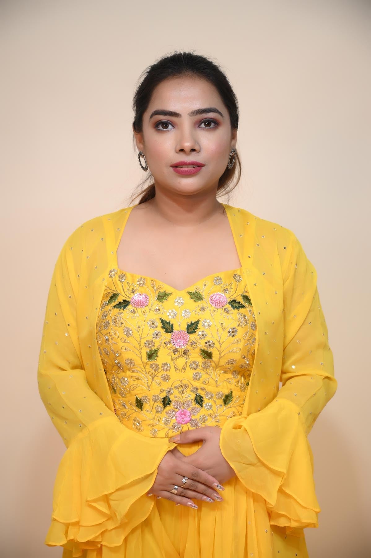Glamorous Yellow Silk Blend Dress with Sequins, Thread Work, and Resham