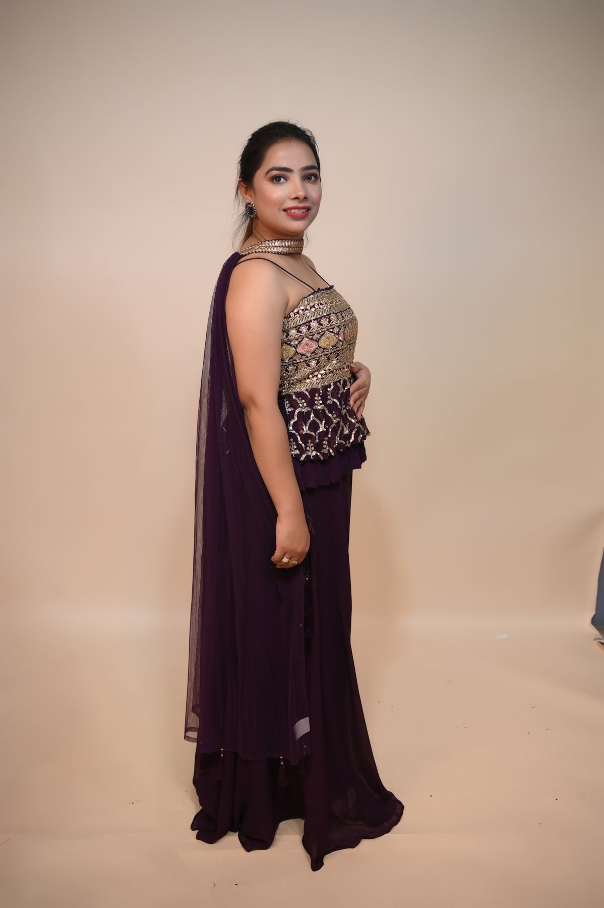 Glamorous Wine Georgette Dress with Sequins, Thread Work, and Zari Embellishments