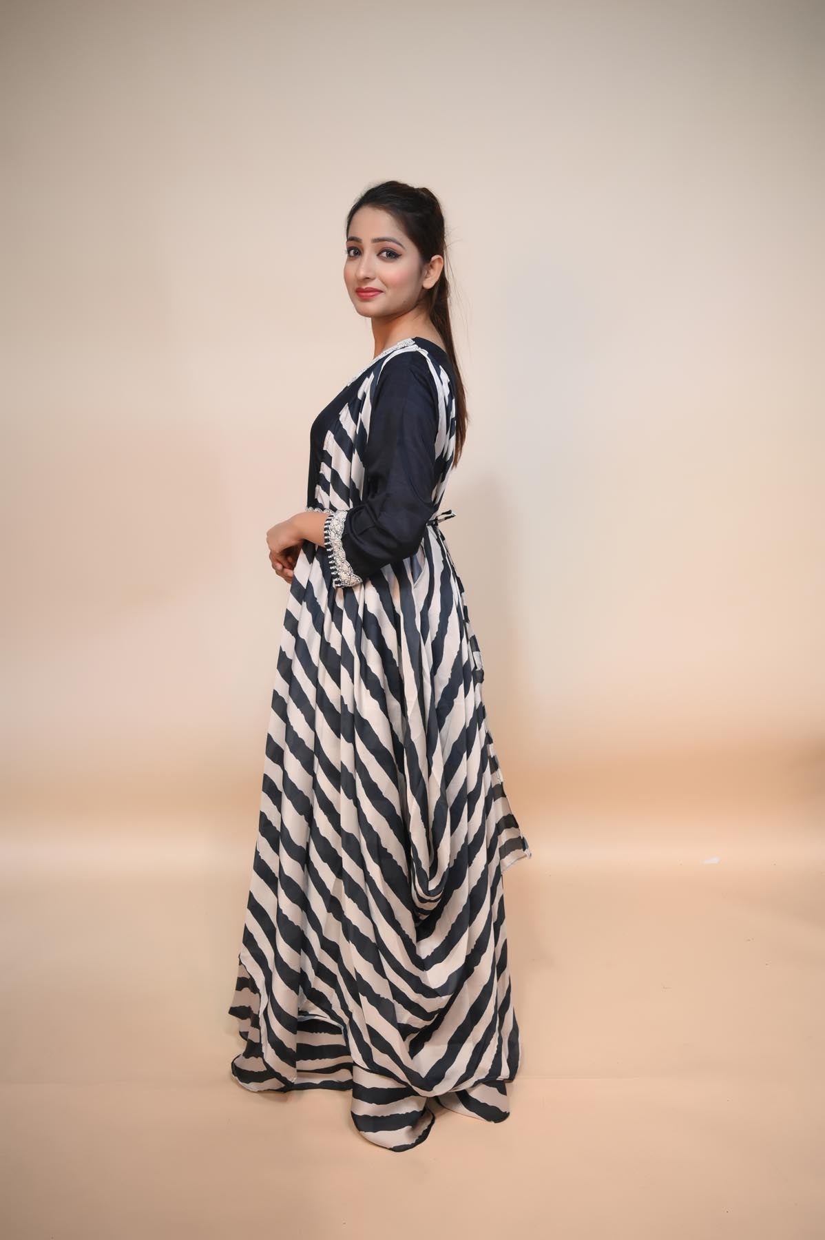 Timeless Elegance: White & Dark Blue Raw Silk Dress with Cut Dana, Moti, and Sequins