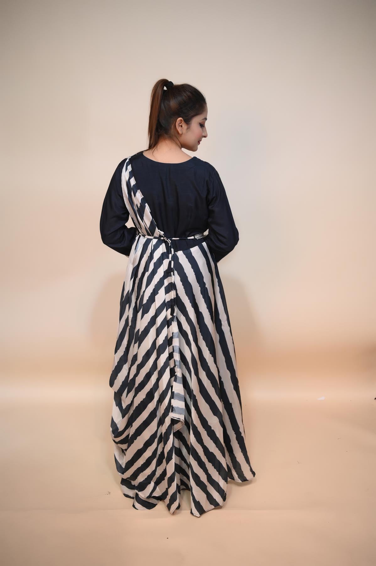 Timeless Elegance: White & Dark Blue Raw Silk Dress with Cut Dana, Moti, and Sequins